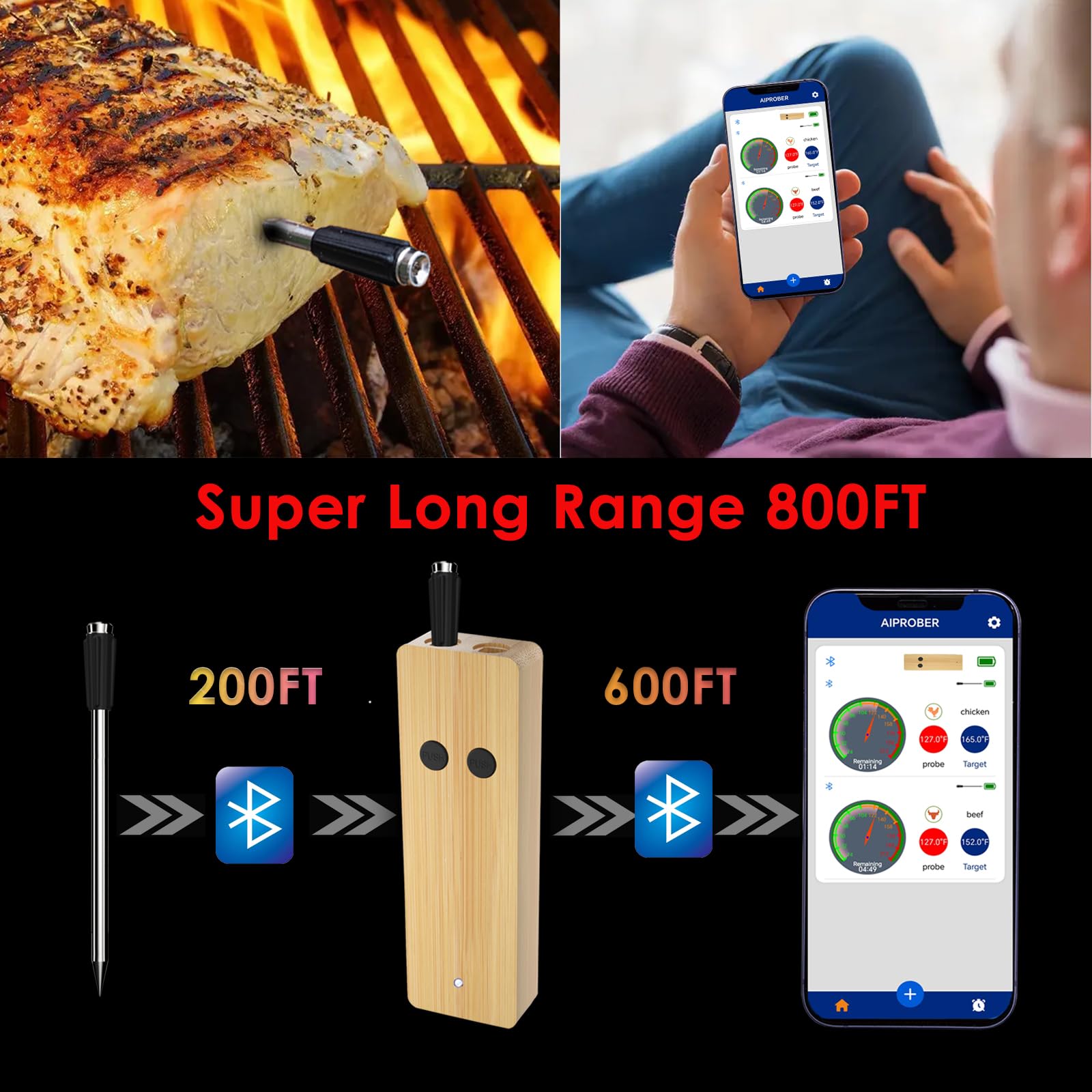 Drahtloses Fleischthermometer zum Grillen und Räuchern, 230 m Bluetooth-Thermometer mit Dual-Sensor-Sonde, Lebensmittelthermometer für BBQ, Ofen, Smoker