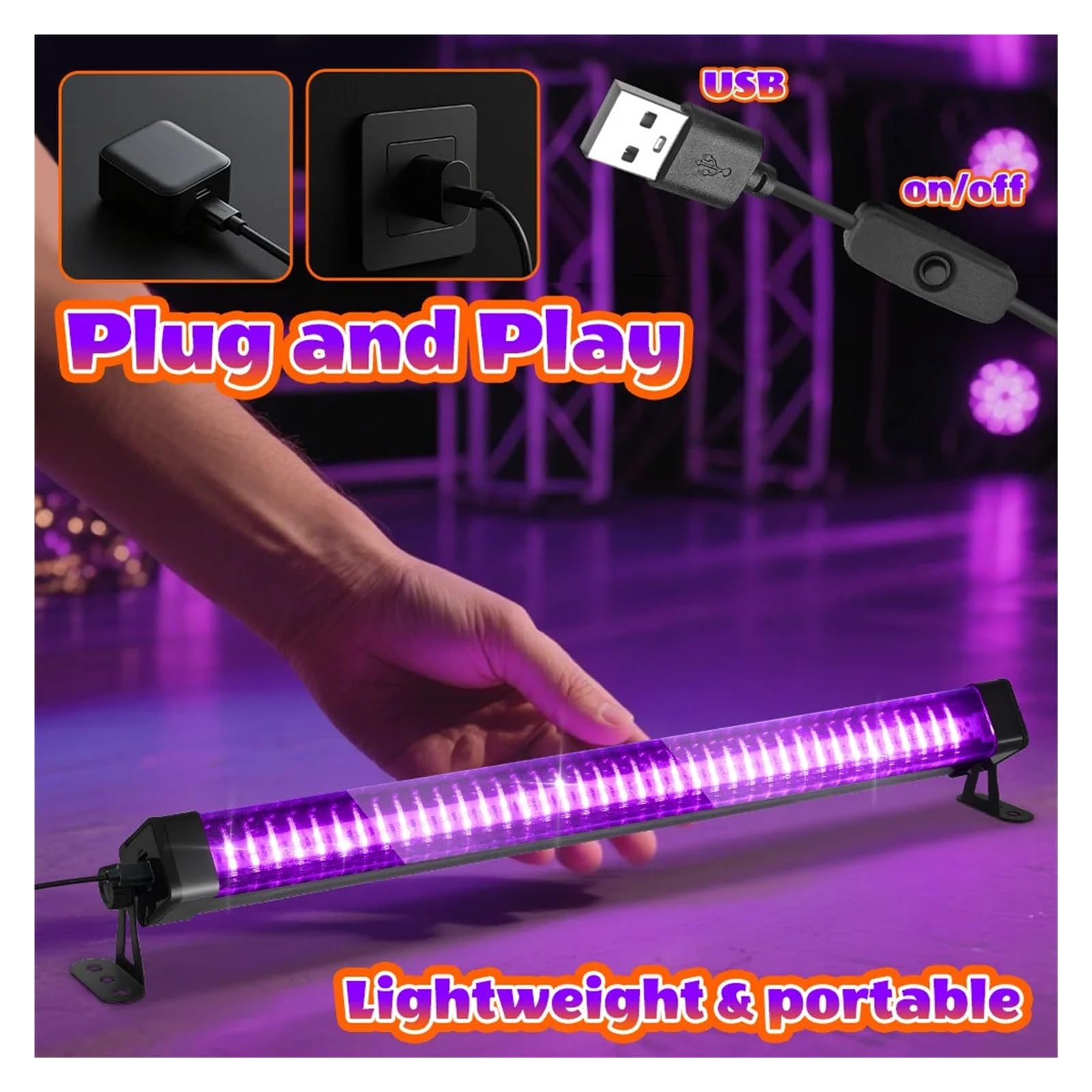 Tubo de luz negra LED 80 luces - Con interruptor, rotación 360 ​​grados, lámpara UV for fiestas fluorescentes, arte corporal, Halloween y Navidad, Multiuso confiable(80LEDs-3P)