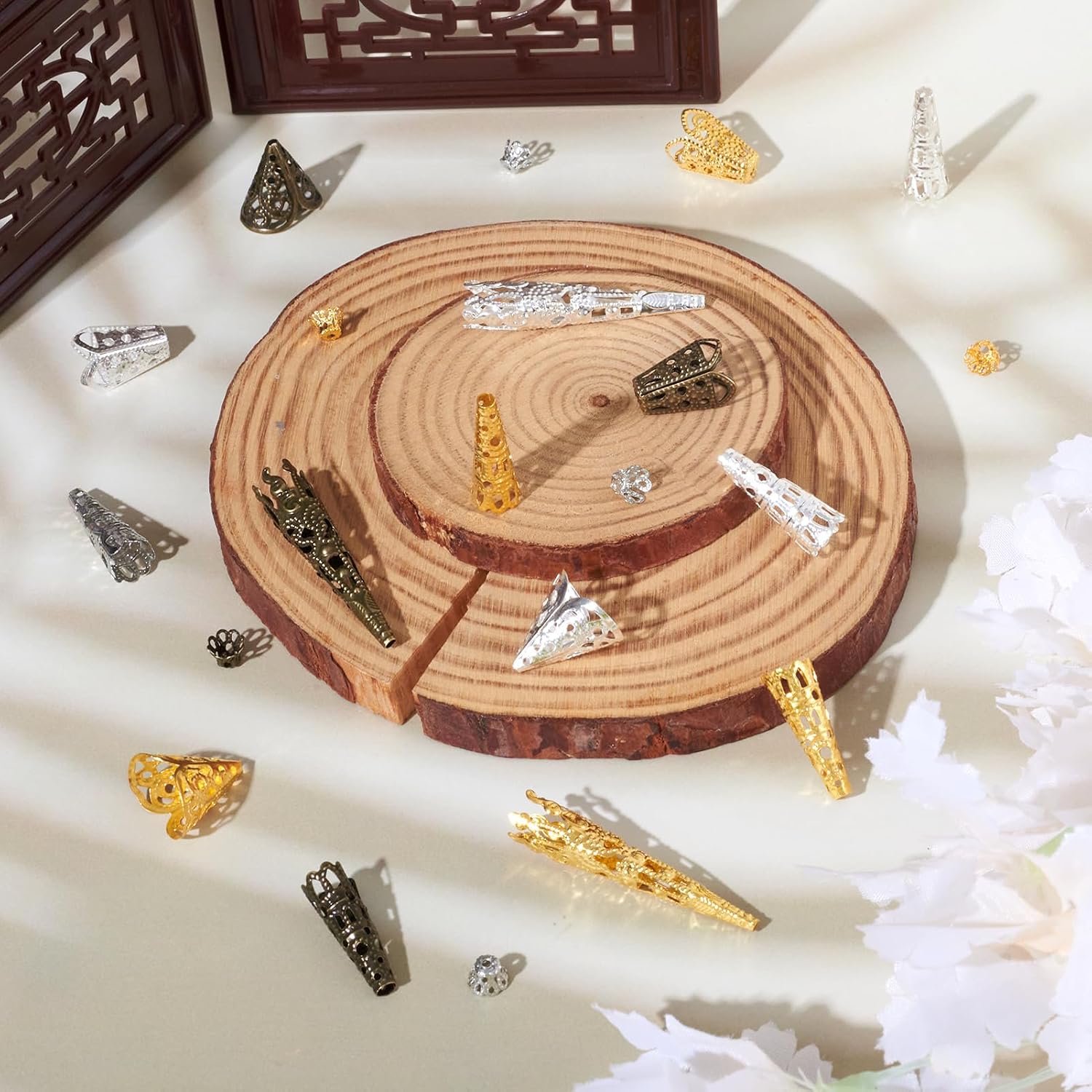 Cheriswelry 450Pcs Iron Long Flower Bead Cones & Caps 6-42mm for DIY Earring Jewelry Making