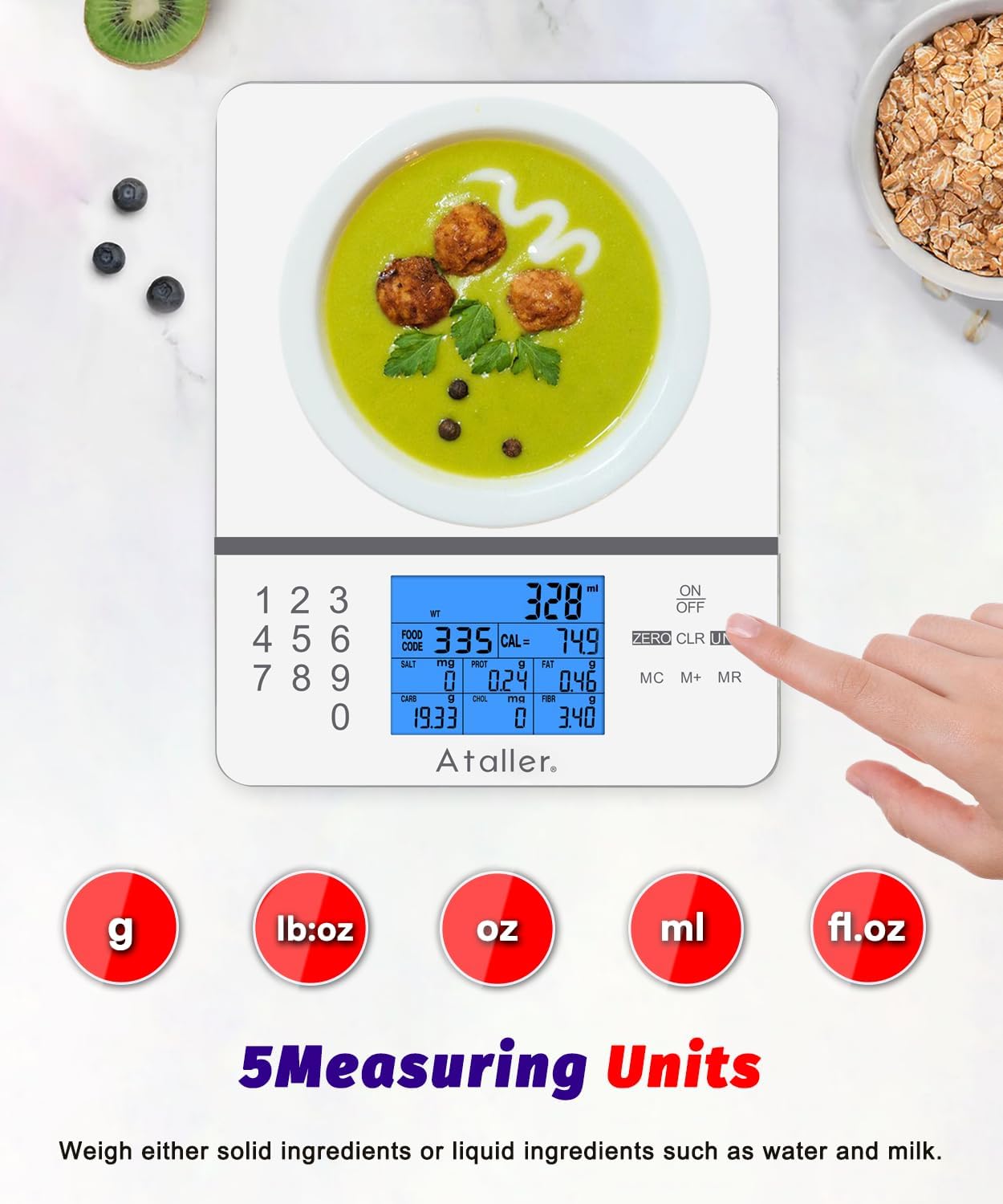 Hand scanning QR code on Ataller food scale to find food codes