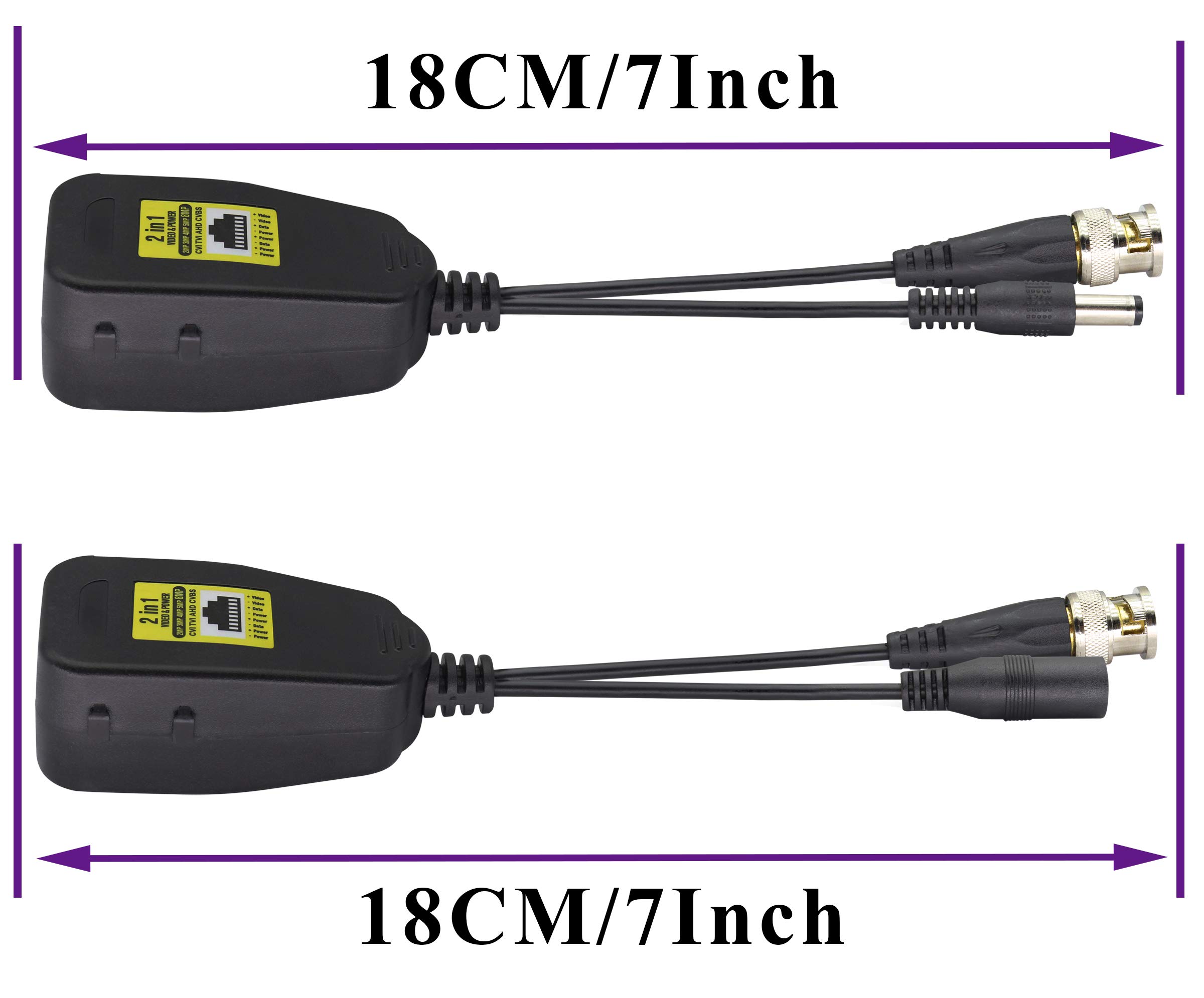 Power Video DC BNC a Cat5 RJ45 ricetrasmettitore di rete HDCVI/TVI/AHD/CVBS, con connettore CC, per sistemi di monitoraggio DVR di sicurezza 720P 960P 1080P 3MP 4MP 5MP 8MP CCTV DVR (18 cm/4