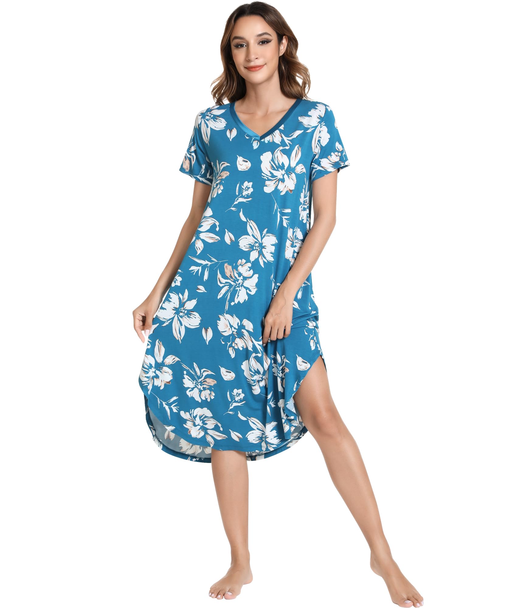 NACHILA Bamboo Viscose Nightgowns for Women Cooling Short Sleeve Sleepshirt | Soft V Neck Night Gowns, Moisture-Wicking Sleepwear for Hot Flashes &amp; Night Sweats, Ladies Nightshirts for Sleep, Home, Gift