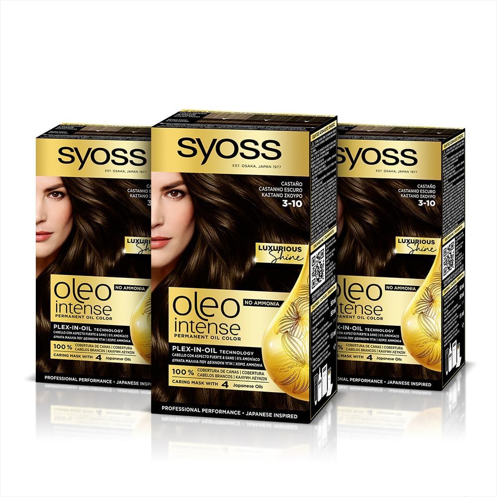 Syoss Oleo Intense Hair Color 3-10 Brown - Permanent Hair Color Without Ammonia - Professional Gray Coverage - Salon Results (Pack of 3)