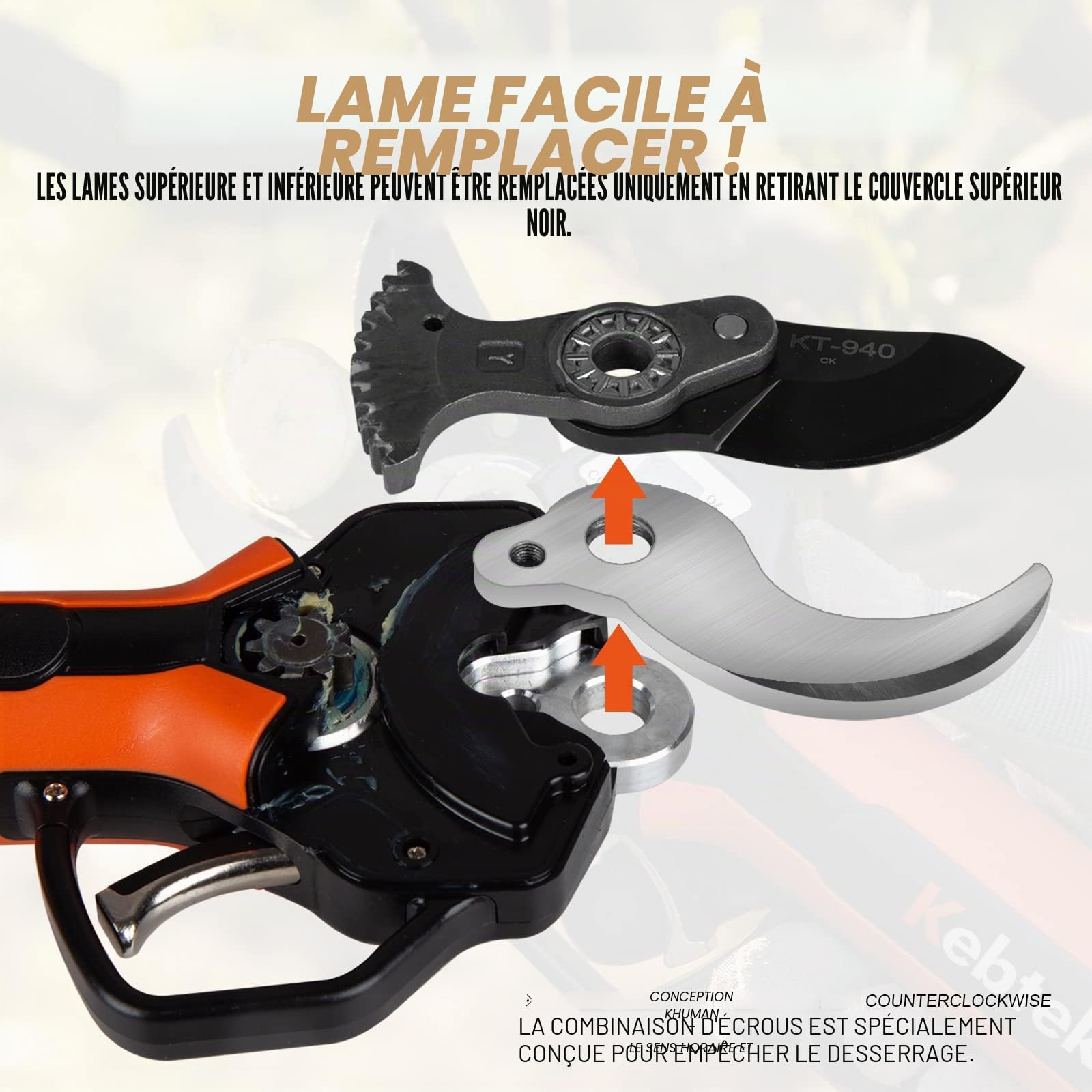 Kebtek Sécateur électrique sans fil de 40 mm avec tige d'extension, moteur sans balais 18 V, 2 Ah, batterie rechargeable, écran LCD (KT940-SET)