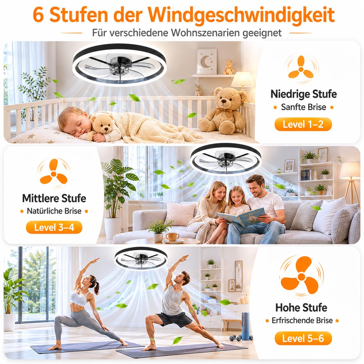 Deckenventilator mit Beleuchtung 50CM, 3 Farbtemperaturen, 6 Geschwindigkeiten, Fernbedienung und APP, leise dimmbar