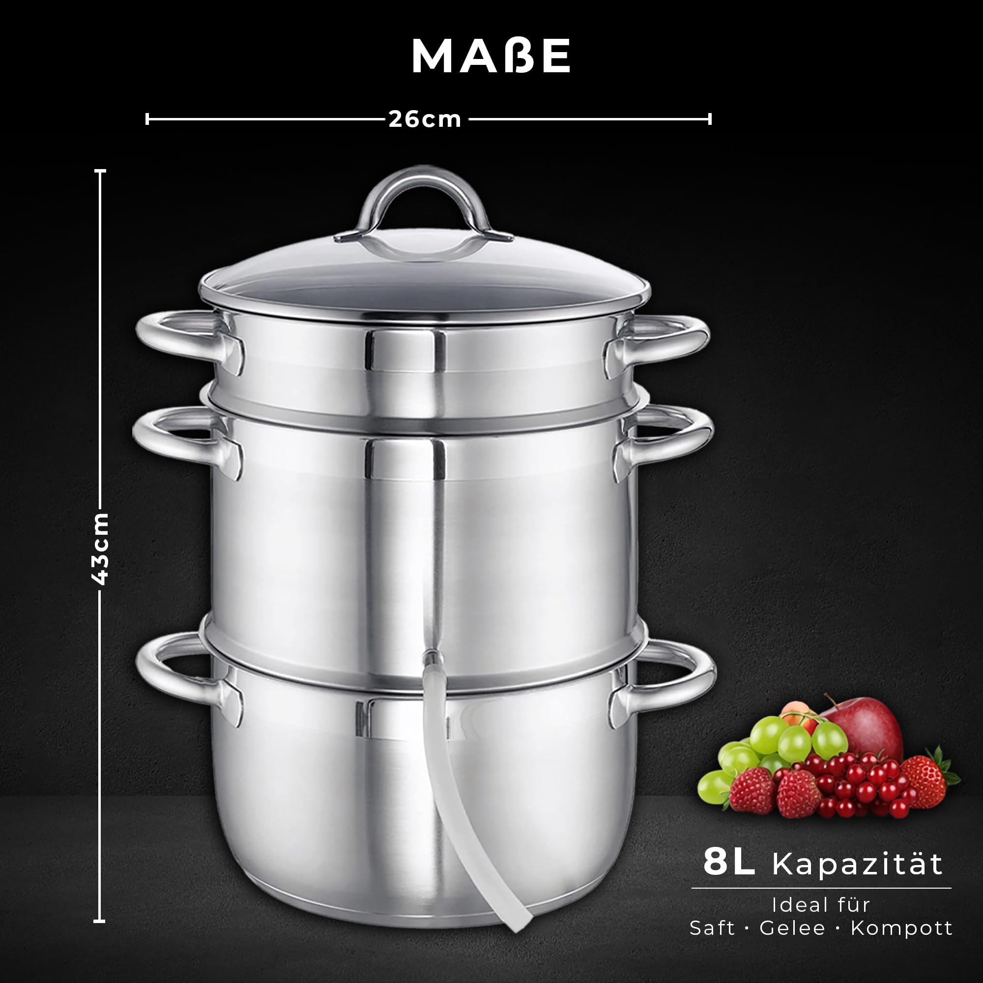 KARL HAUSMANN Dampfentsafter 8L Edelstahl - Entsafter Kocher für Induktion, Gas & alle Herdarten | Saft aus Obst & Gemüse, BPA frei, mit Schlauch, Spülmaschinengeeignet