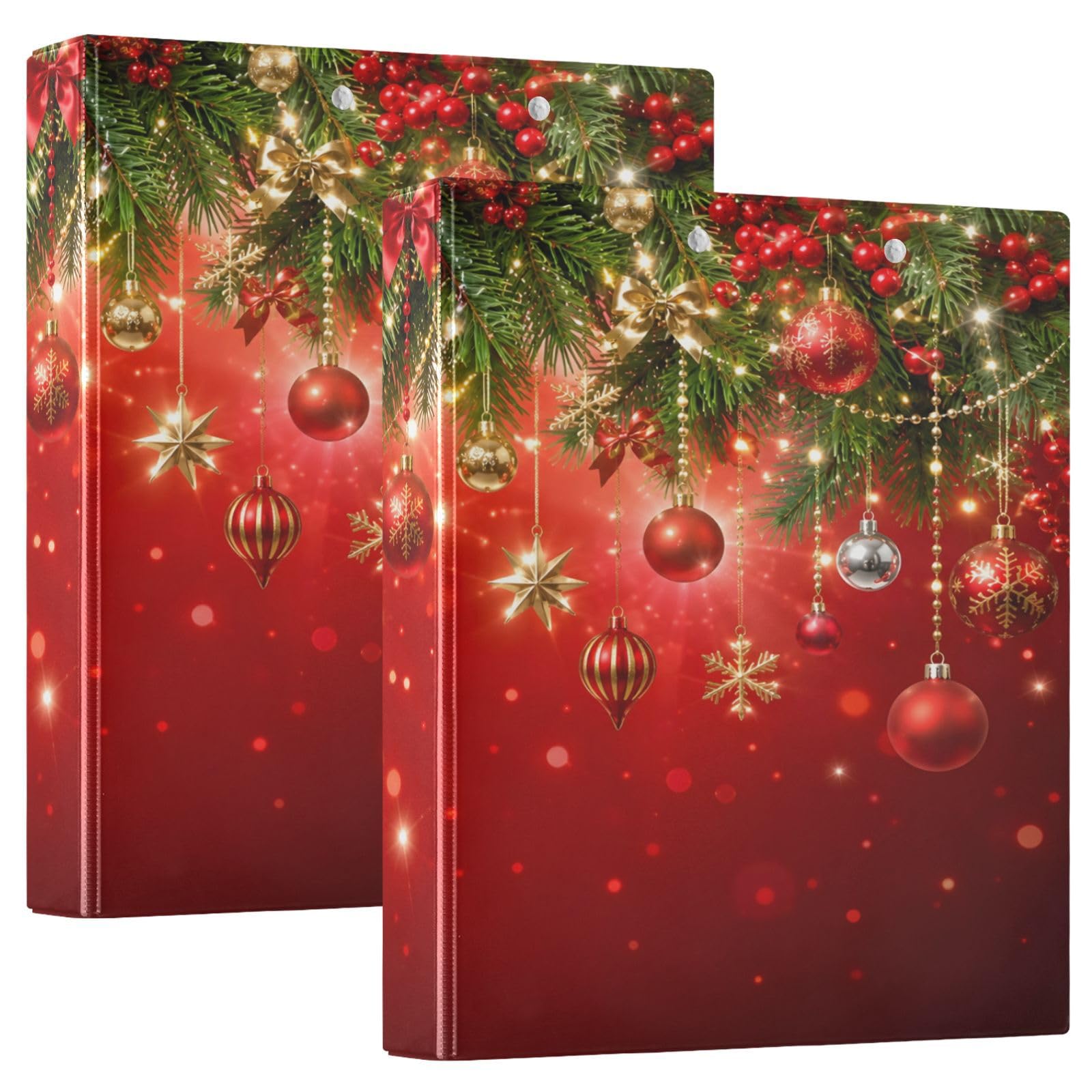 Christmas Garland Red Colored Ball 3 Ring Binder with 2 Interior Pockets 1.5 inch Binders 3 Ring Heavy Duty Fit 8.5" x 11" Letter for Office School, 2 Pack