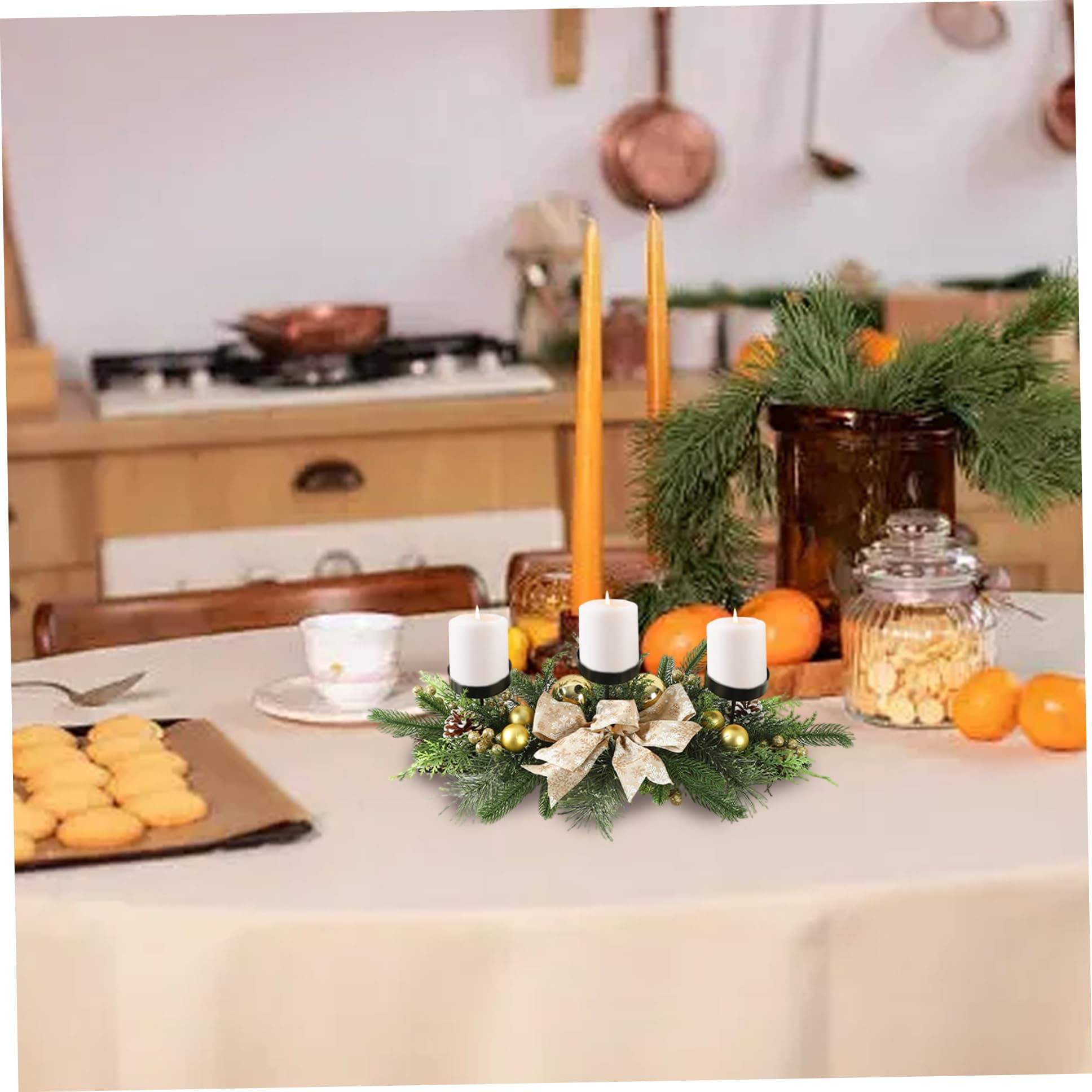 Candelabro navideño con 3 bandejas Centros de Mesa navideños con Lazo, Adornos, Bayas y Agujas de Pino para Mesa de Fiesta Centros de de decoración navideña