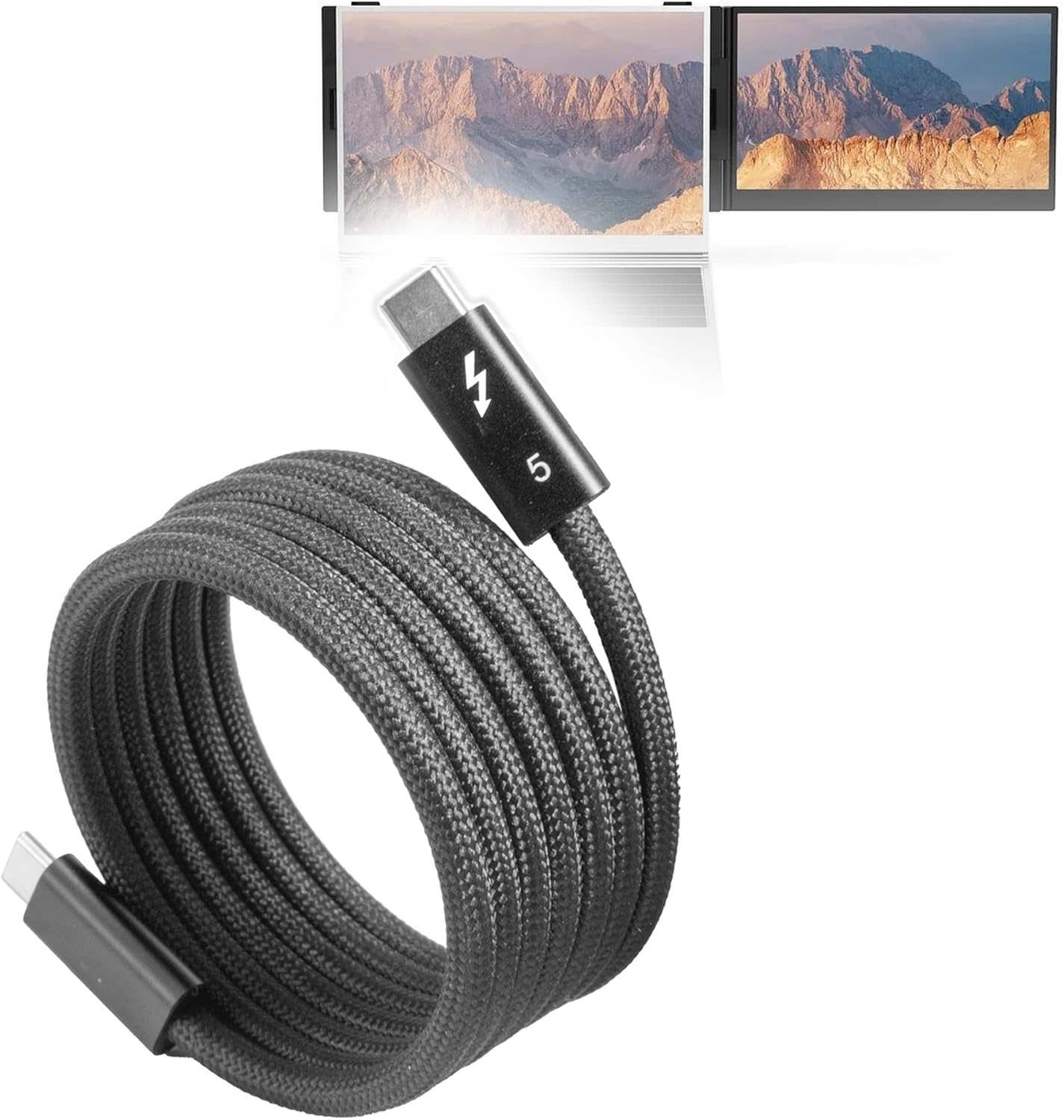 BoxWave Cable Compatible with Kefeya S8 Portable Monitor Laptop Screen Extender (14.1 in) - SnapWrap Thunderbolt 5.0 Cable (5ft 240W), Magnetic Self-Coiling Nylon Braided Retractable - Jet Black