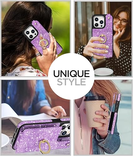 Miniatura 8 de AICase Funda para tarjetas compatible con iPhone 15 Pro Max, funda protectora con purpurina brillante para mujer con soporte de anillo y 8 ranuras