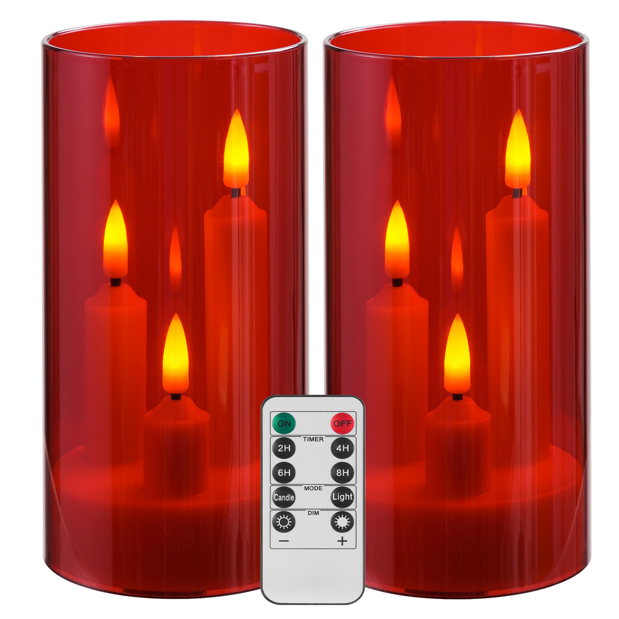 Da by Flammenlose Kerze, Batteriebetriebene Kerze mit Fernbedienung und Timer, LED Dreidochtkerze, romantische Hochzeit, perfekte Wohnraumdekoration, 2er-Pack (rot)