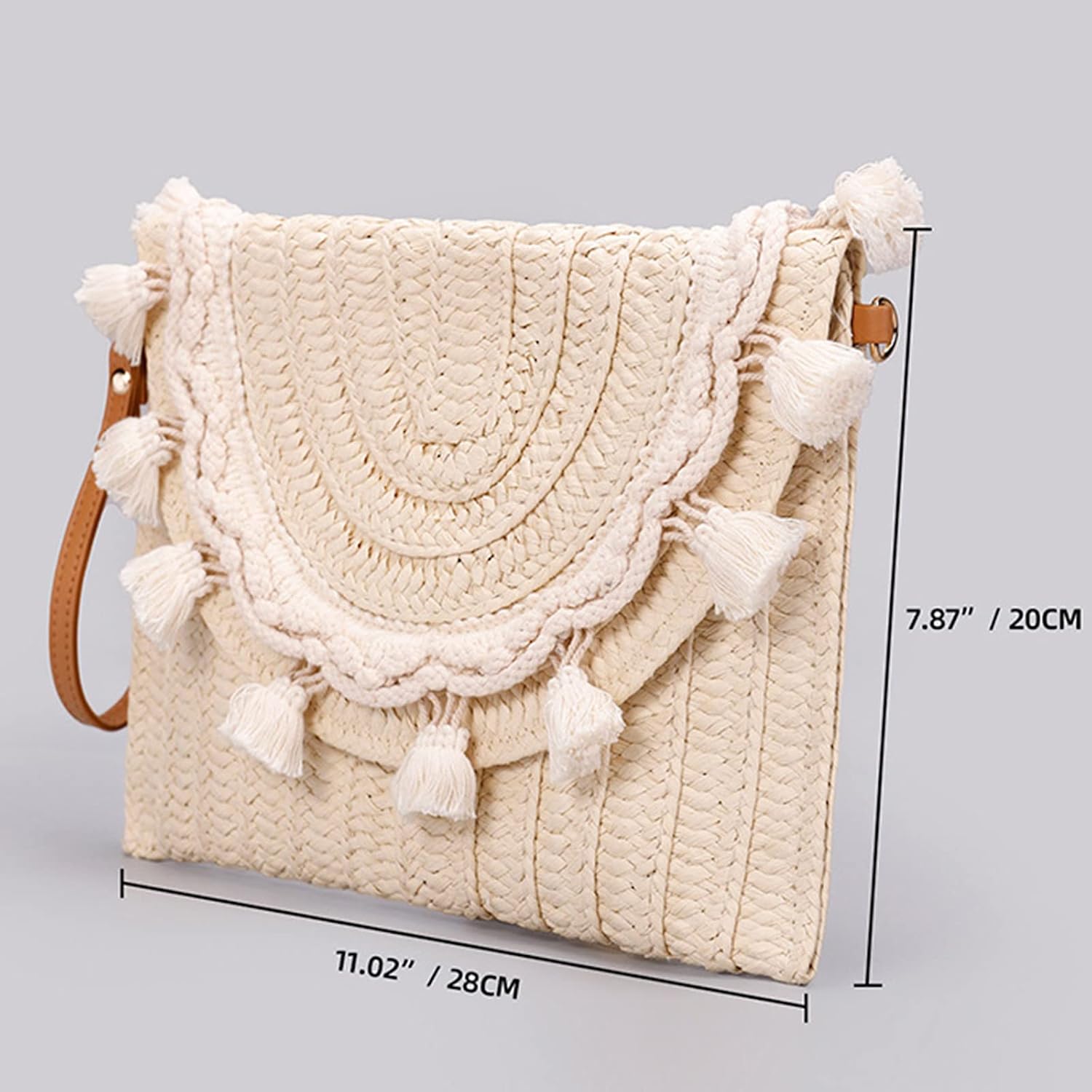 Crossbody Bags for Women, Straw Clutch Purses, Simple white tassel Handmade Woven Envelope Package, Tassel Handbags for Women Vacation, Travel, Daily Matching