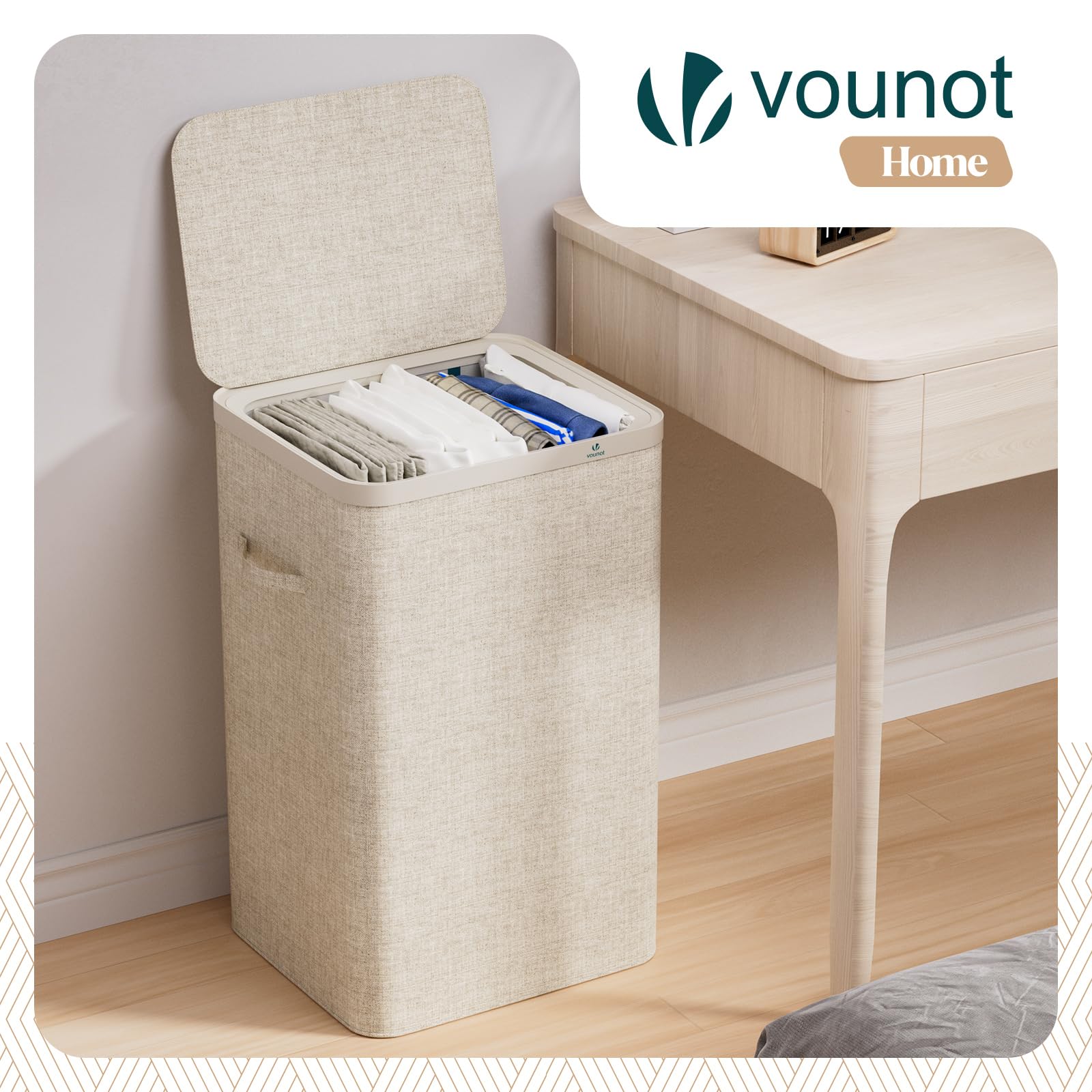 VOUNOT® Cesto Portabiancheria 90L Rettangolare con Coperchio, Cesto Biancheria con Sacco Rimovibile Autoportante e Manici, Salvaspazio per Bagno, Camera da Letto Lavanderia e Soggiorno, Beige - 2