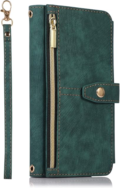 ZCDAYE Wallet Case for iPhone X/iPhone XS, iPhone X/iPhone XS Wallet Phone Case, Premium Zipper (with Wristlet) Flip Leather Phone Case for iPhone X/iPhone XS - Green