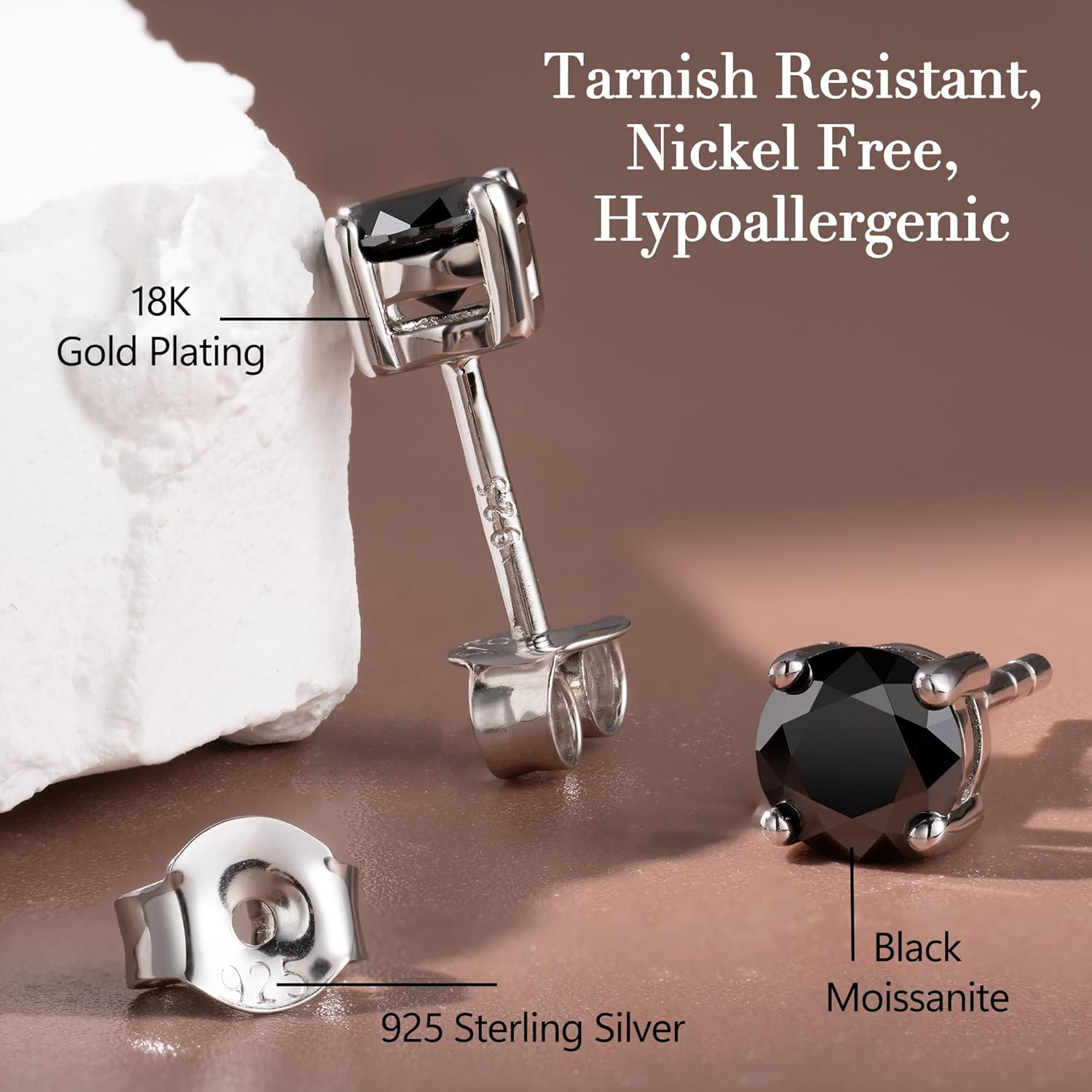 Impalsory Black Moissanite Stud Earrings, 925 Sterling Silver 18K Gold Plated, Hypoallergenic Round Cut Earrings for Men and Women, Gift Jewelry - Image 4