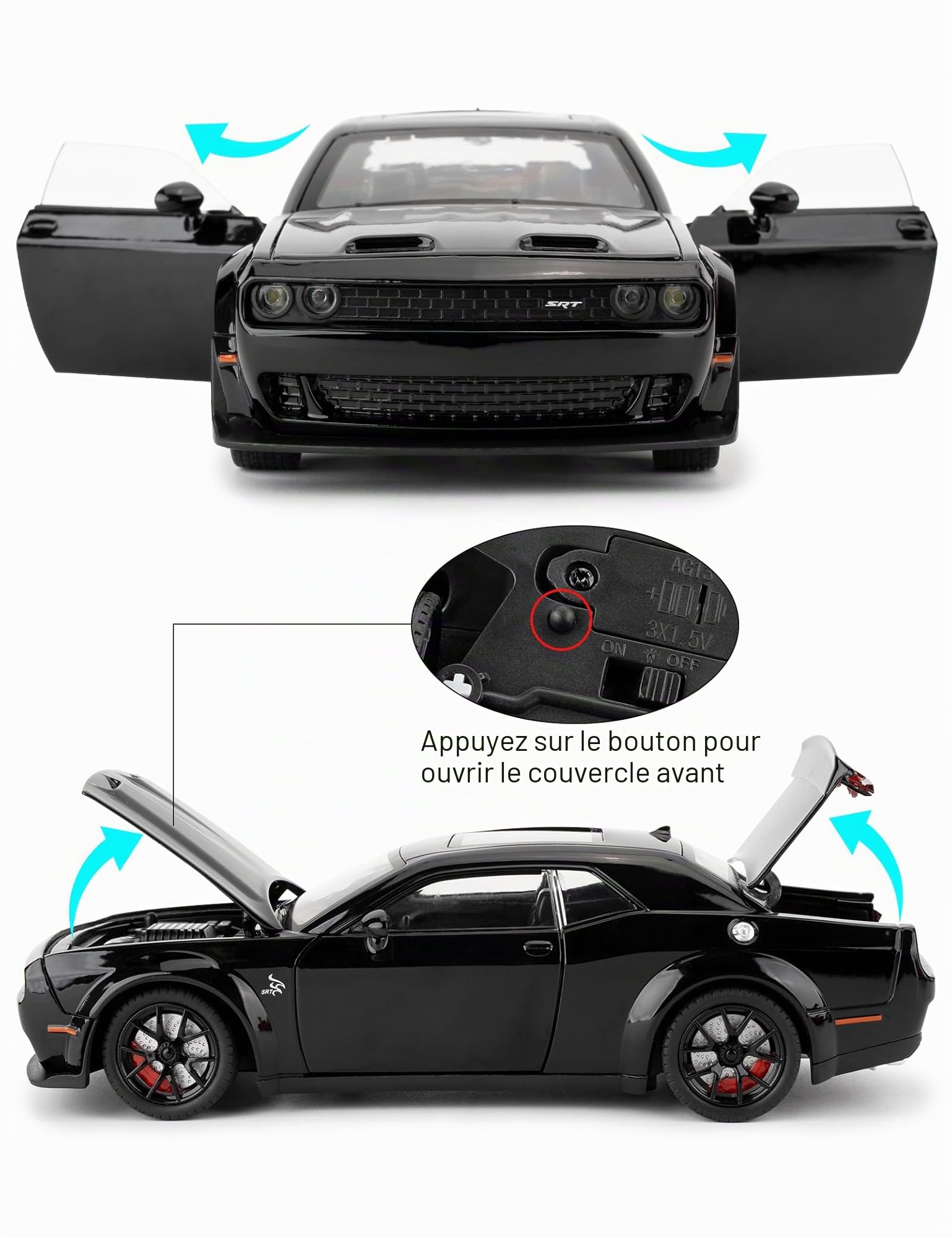 imtfzct Modèle de voiture 1/24 Dodge Challenger SRT Hellcat, modèle à collectionner en métal avec lumières et sons, jouet de voiture à tirer vers l'arrière pour décoration, cadeau d'anniversaire pour
