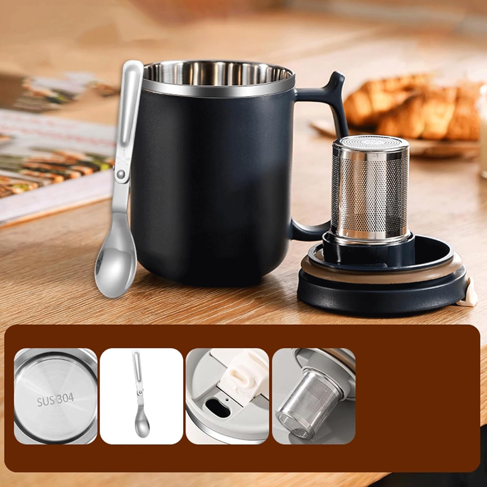 esmen Teetasse, 500 ml, Isolierbecher, Edelstahl, isolierter Kaffeebecher mit Griff, Reise-Kaffeetasse für den Alltag, Reise-Kaffeetasse