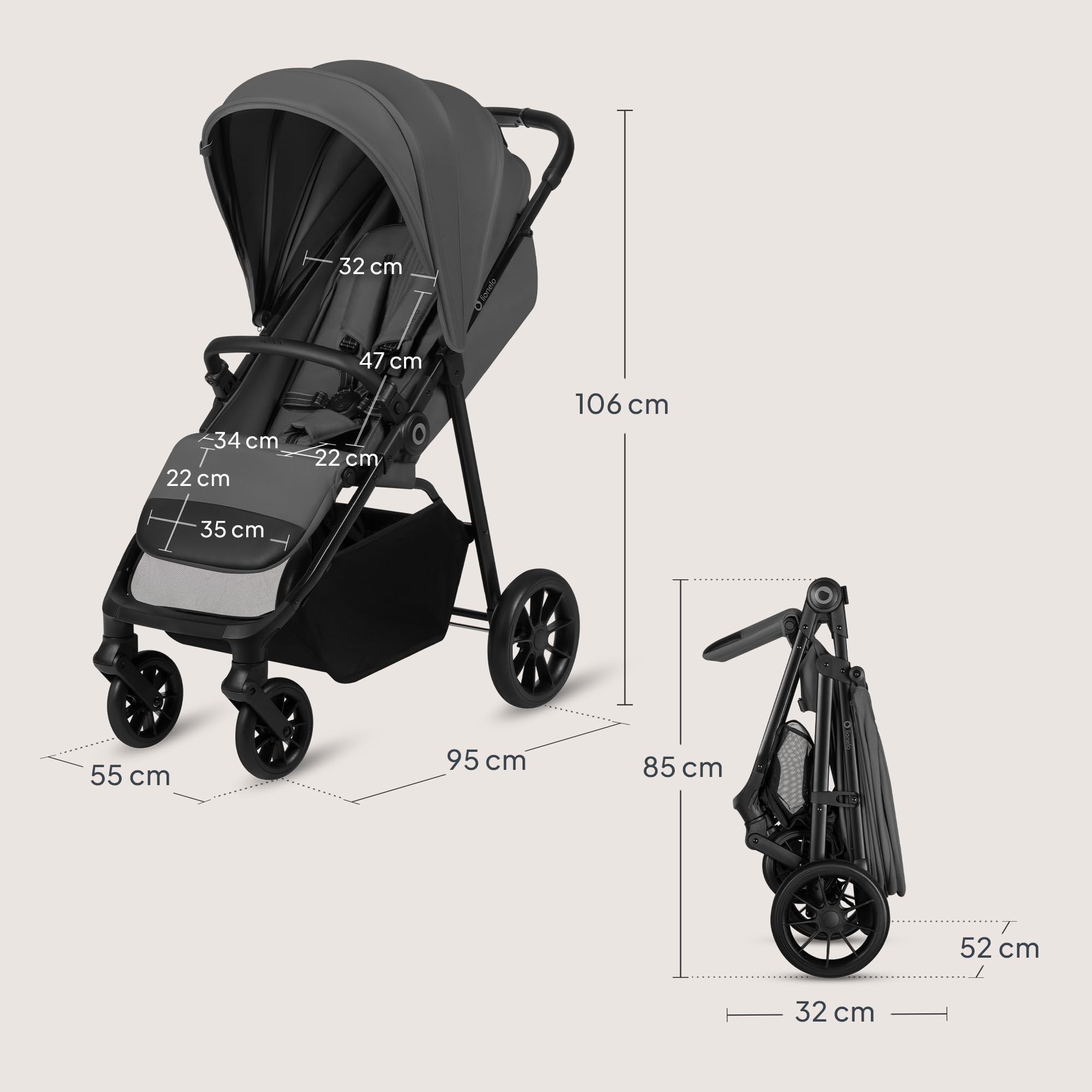 Lionelo Silla de Paseo Ligera Emerald hasta 22 kg de 6 m a 4 años Ruedas giratorias EVA 360° Plegado con una Sola Mano, Respaldo Ajustable Capota Impermeable UPF50+ Cesta grande