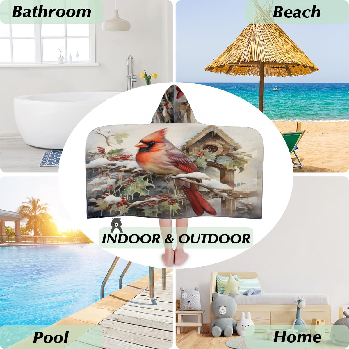 Kids Bath Towel Cardinal Bird Winter Beach Towel with Hood Pool Cover Up for Girls Boys Soft Absorbent Hooded Bath Towel Toddler Towels for Beach, Pool