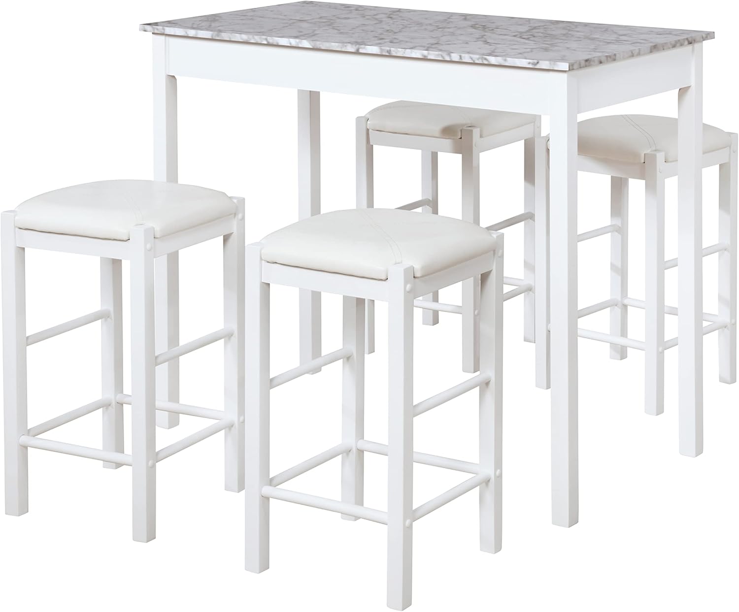 Linon White and Faux Marble Table and 4 Stool Tavern Set with White Faux Leather Seats