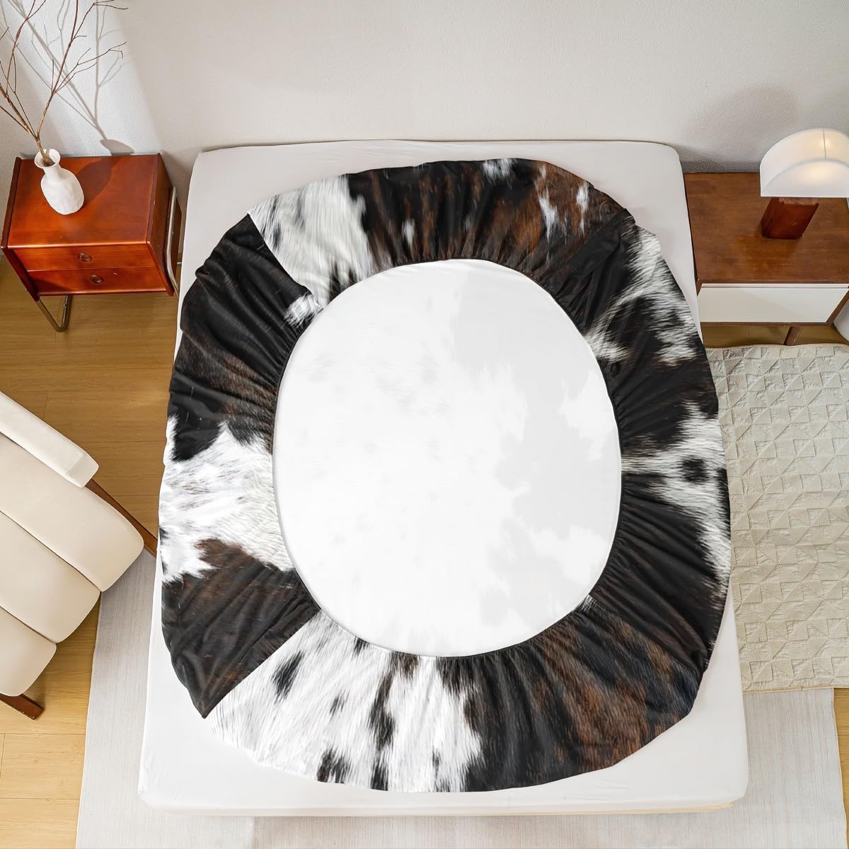 Cow Fur Print Sheet Queen,Cow Skin Texture Bedding Set for Kids Teens Boys Girls,Farm Animal Rustic Black and White Brown Bed Sheet Set 4pcs with Deep Pocket Fitted Sheet + Flat Sheet + 2 Pillowcases