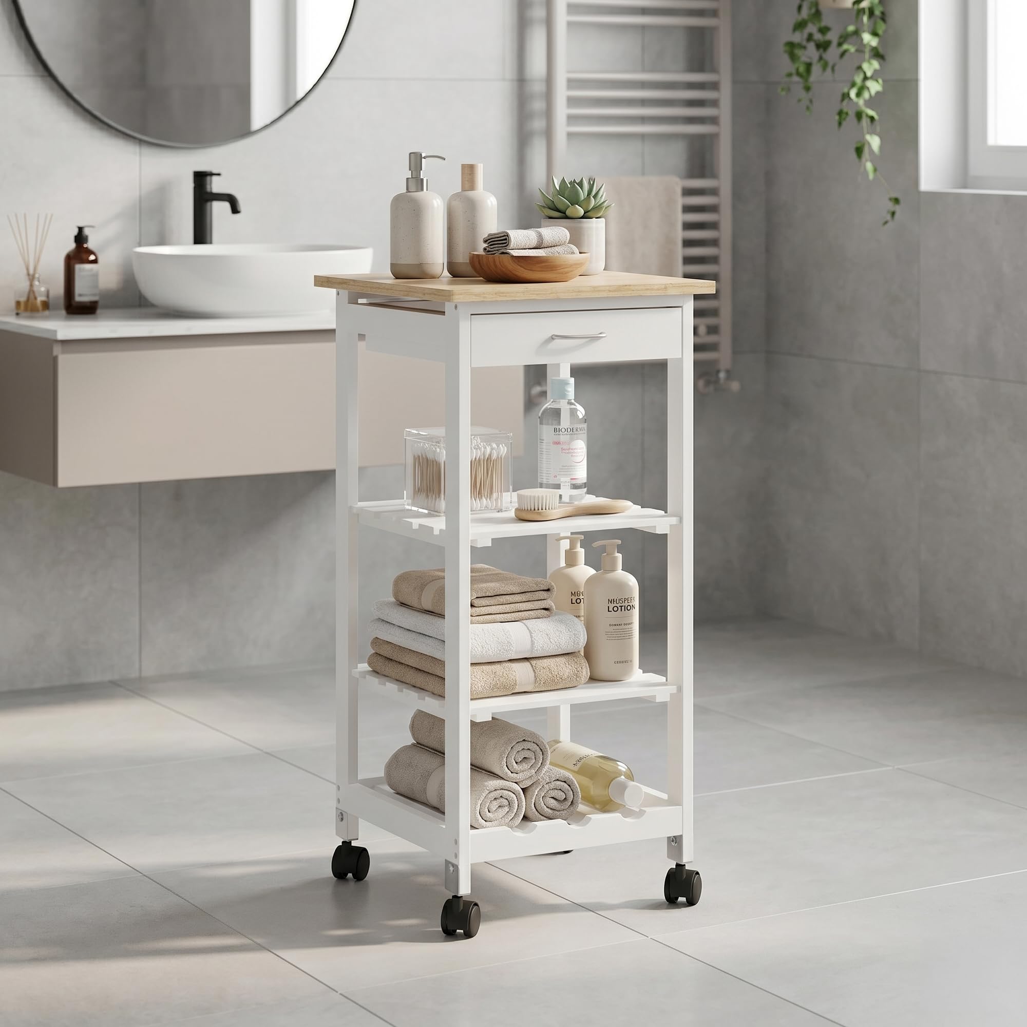 [en.casa] Carrello da Servizio Portaoggetti a Rotelle con 3 Ripiani e Cassetto Carrello Portatutto Multiuso Griglia Portabottiglie per Cucina Sala Bagno 76x37x37 cm - Bianco/Effetto Legno