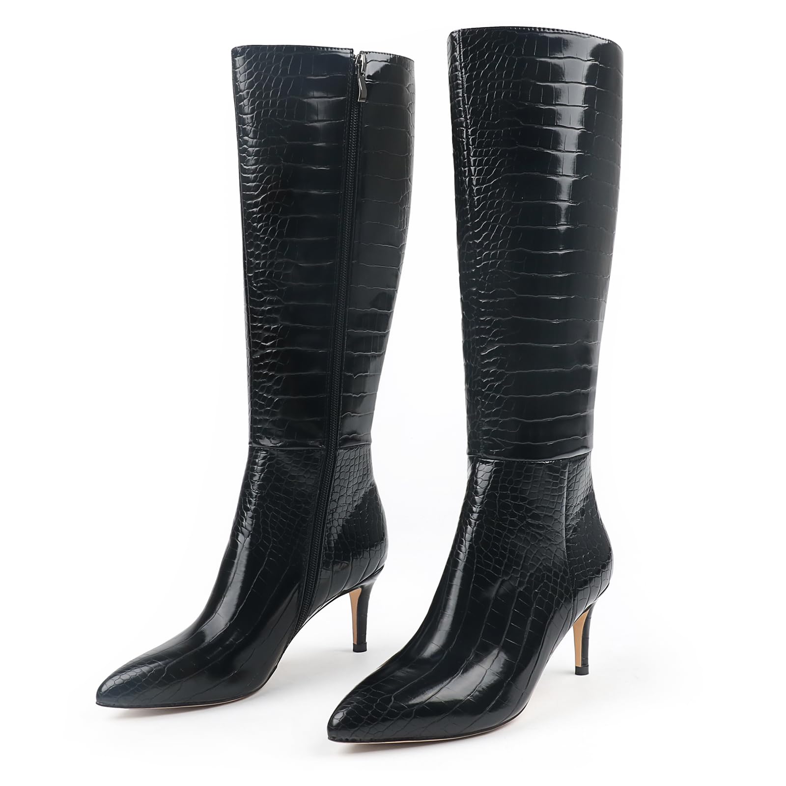 JOY IN LOVE Womens Knee High Tall Boots 2 75 Stiletto Heel Pointed Toe Zipper Boots
