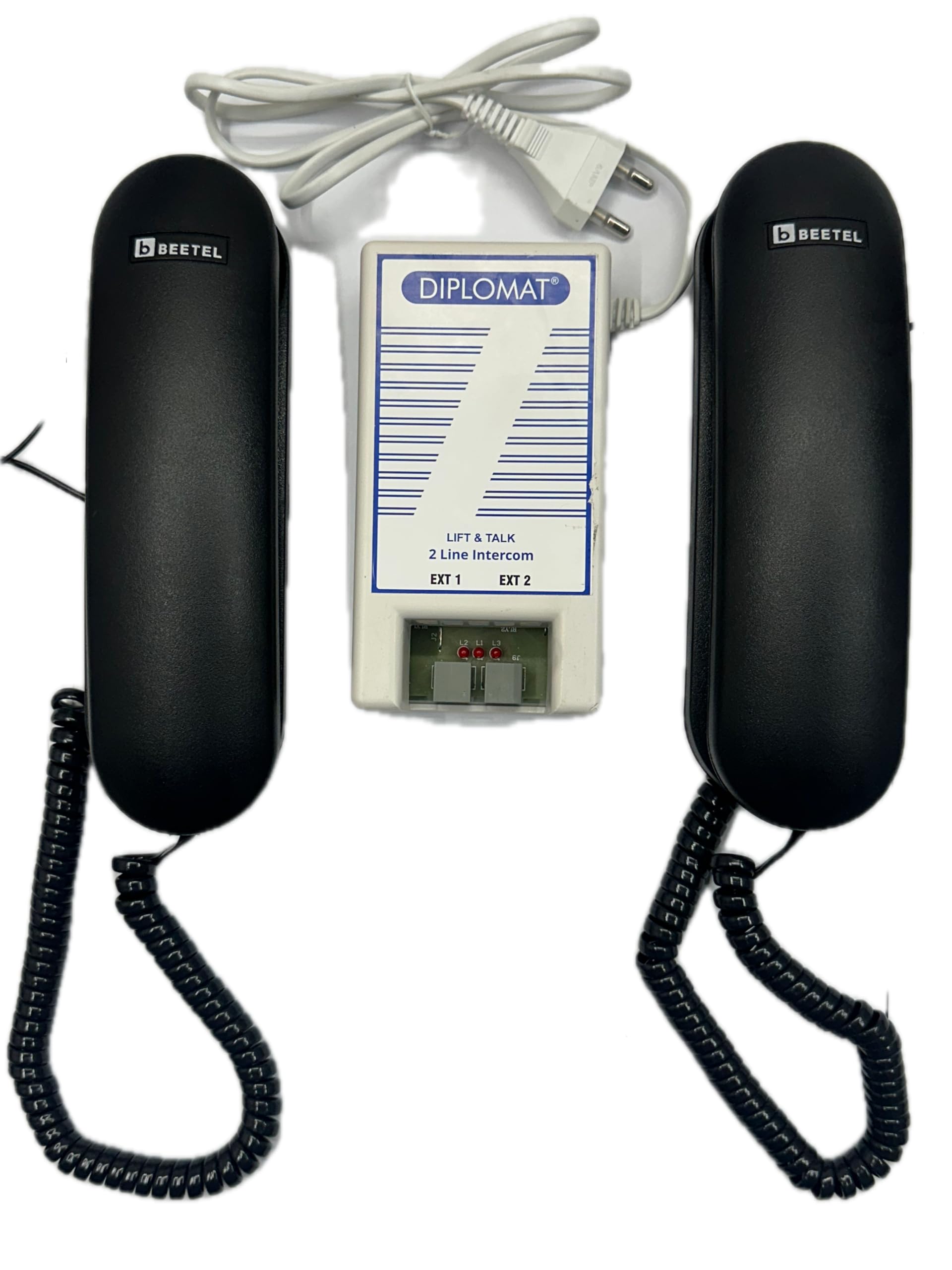 DIPLOMAT 2(Two) Line Intercom(1+1 Hot Line)- Lift and Talk EPABX for Home and Office Communication with 2 Beetle B-25 Handy Phone Compatible with Corded & Cordless Landline Phone (Off White)