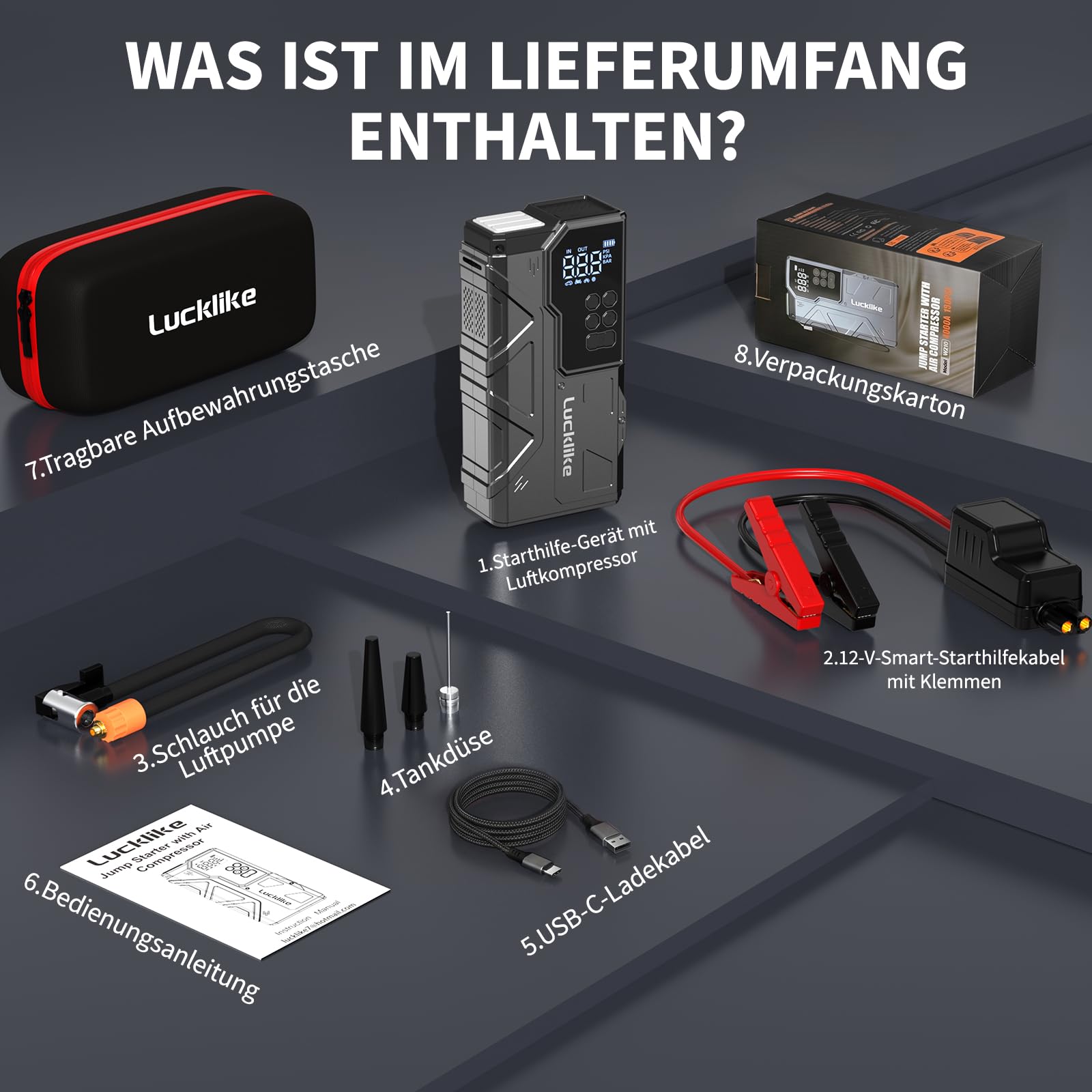 LUCKLIKE W210 Starthilfe Powerbank, 12V Jump Starter mit Luftkompressor | 7000A Tragbarer Booster Starthilfegerät für All Benzin/12.0L Diesel, 150PSI Luftpumpe, mit LED Taschenlampe Starterkabel