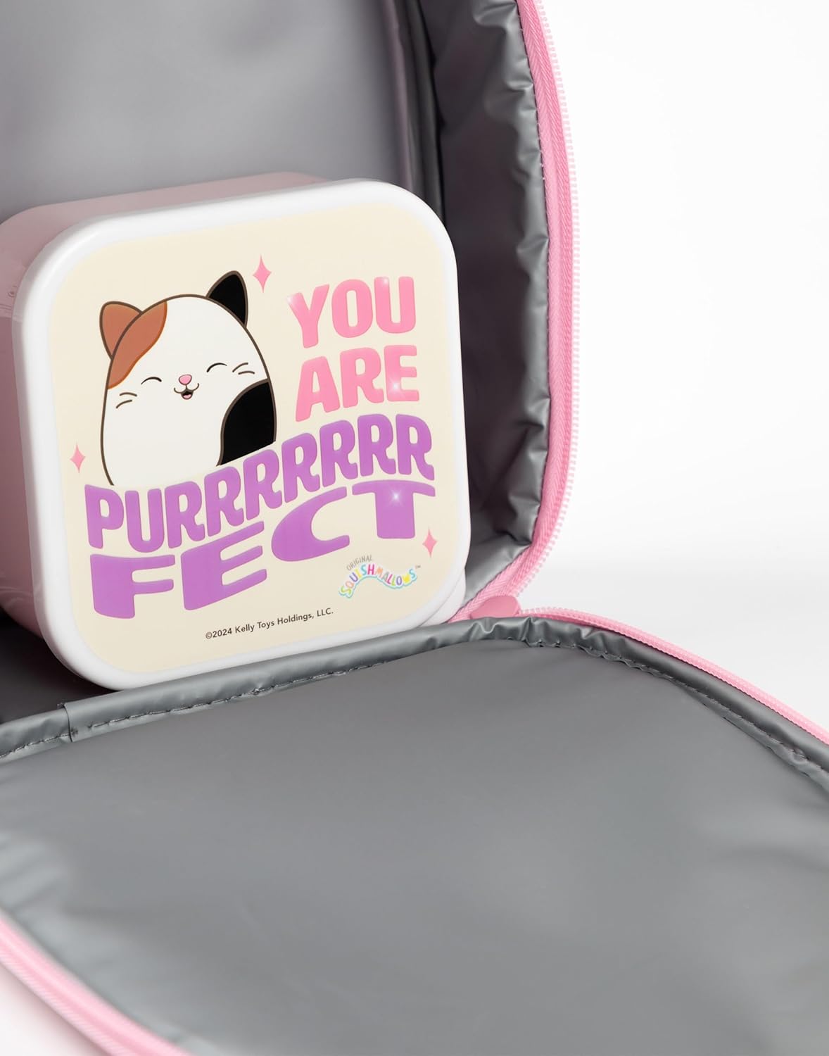 Squishmallows Girls Lunch Bag Set | Kids 3 Piece Bundle with Fluffy Dinner Bag, Water Bottle & Snack Pot | Childrens Plush Cam the Cat Zip Bag with 3D Ears in Pink & Purple | Back to School Gifts