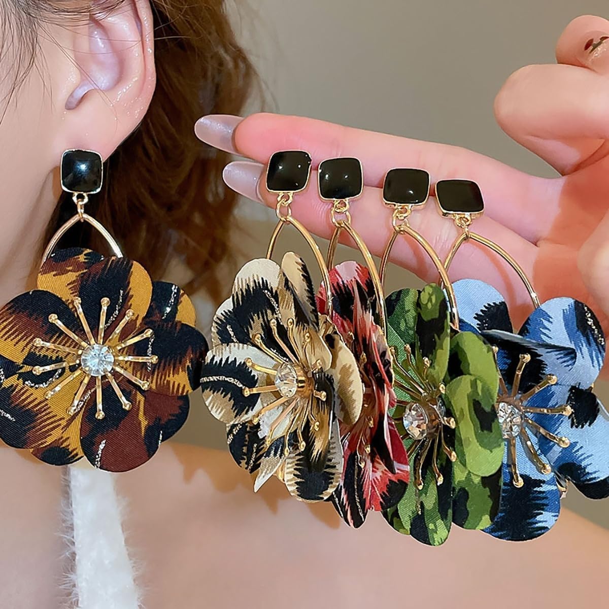 Vintage Flower Earring Colorful Leopard Dangle Earrings Fabric Flower Statement Earring Boho Print Petal Earrings Fashion Jewelry Accessories for Women - Image 9