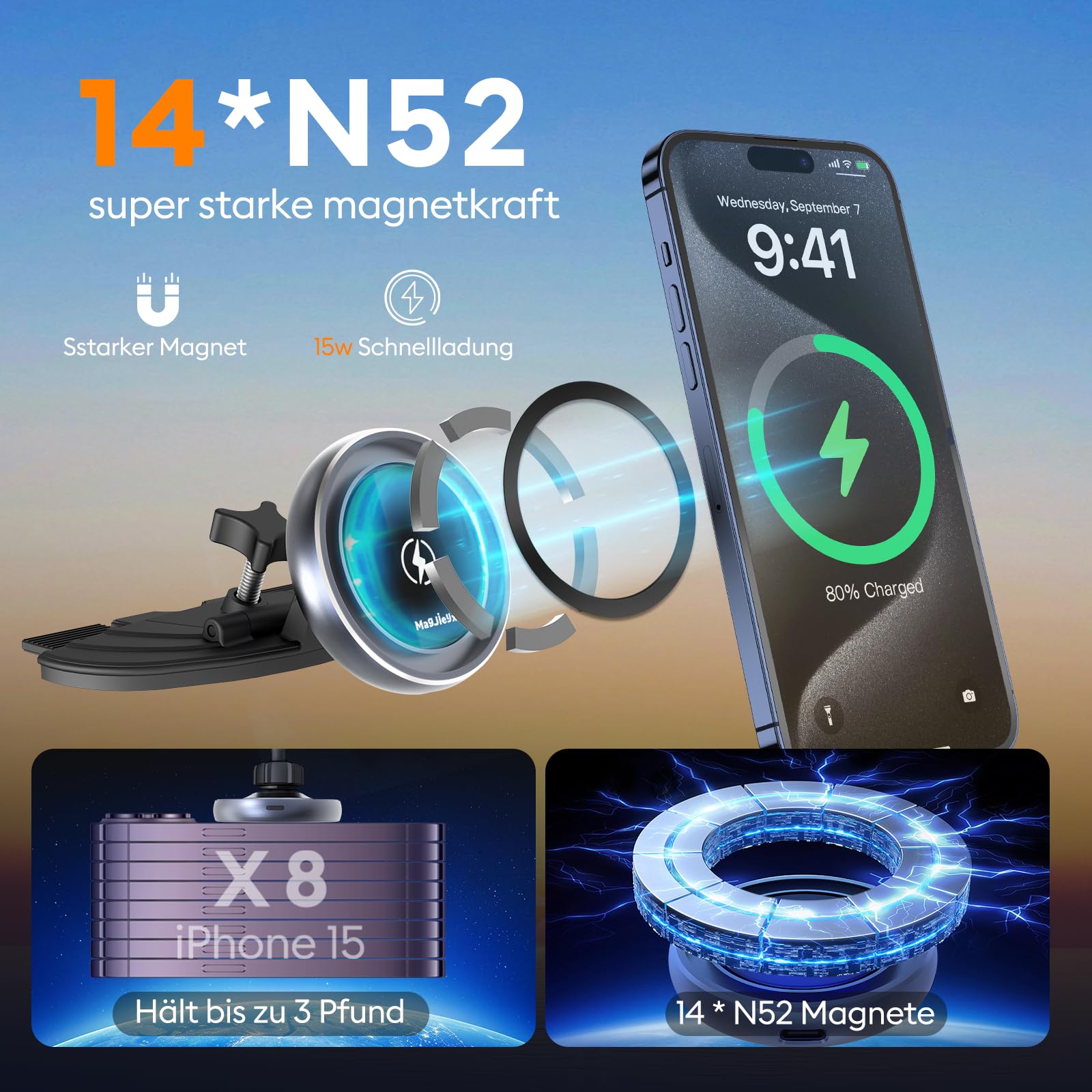 MAGJIEYX für Magsafe Autohalterung mit Ladefunktion, Handyhalterung Auto Ladegerät CD Schlitz 15W Schnellladen mit 3M Dashboard Klebepad Starke Magnetkraft für iPhone 16 15 14 13 12 Auto Zubehör Grau