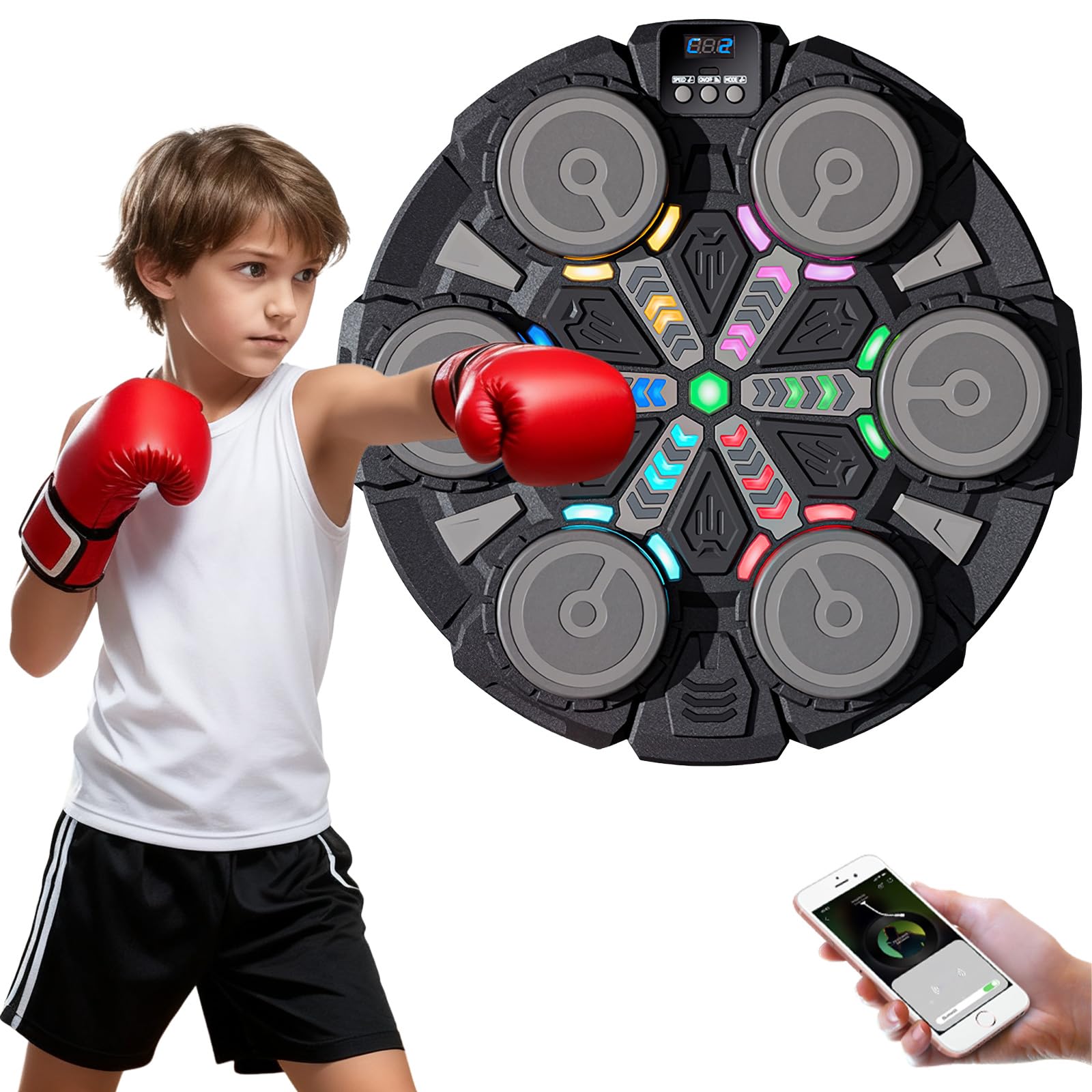 Machine de boxe musicale pour enfants, avec musique, gants de boxe, 6 modes de vitesse et 3 modes de numéro, Bluetooth, avec câble de charge USB, lumière LED pour enfants/adultes
