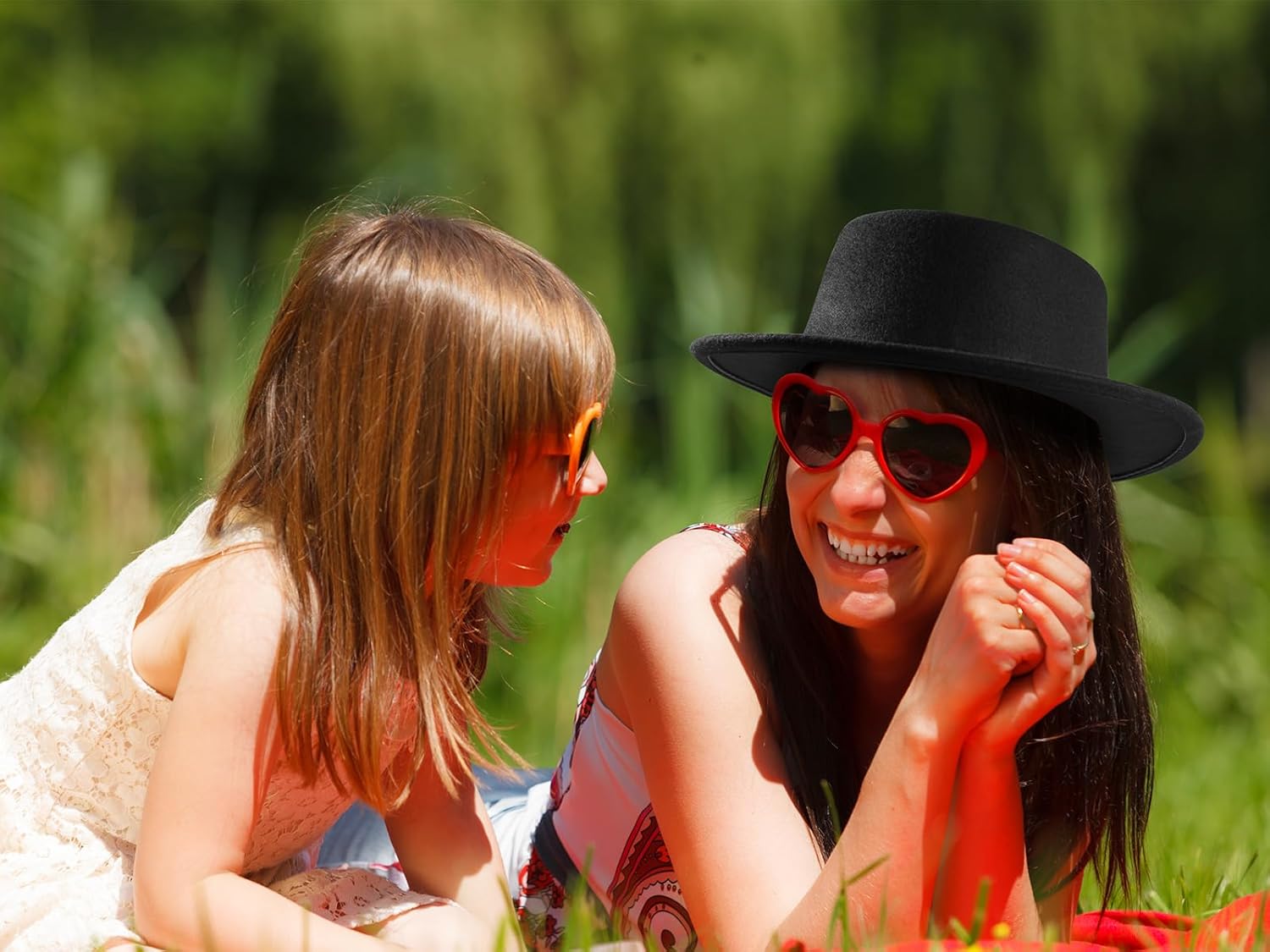 Fashion Classic Black Fedora Hats + Red Heart Sunglasses Costume Outfit - Flat Wide Brim Church Cap Jazz Hat - Image 6