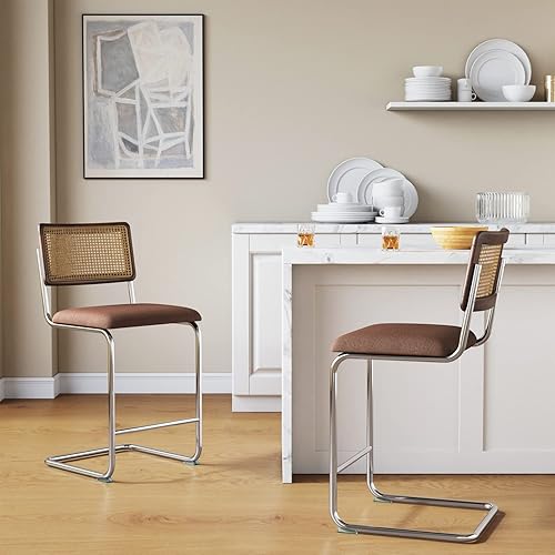 Miniatura 2 de Brown - Juego de 2 taburetes de bar modernos con caña de ratán natural y respaldos de madera maciza, tapicería de 24 pulgadas con patas cromadas de