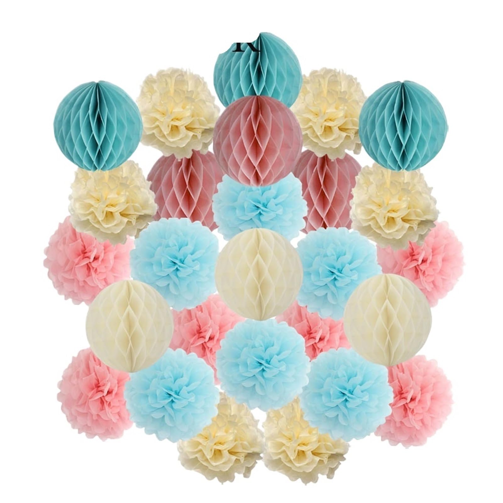 Pom Pom Kit Decorazione fai da te for cerimonia di nozze, pallina rotonda a nido d'ape, pompon carta for battesimo, bomboniera for festa compleanno(Pink Blue Beige,12inch(30cm))