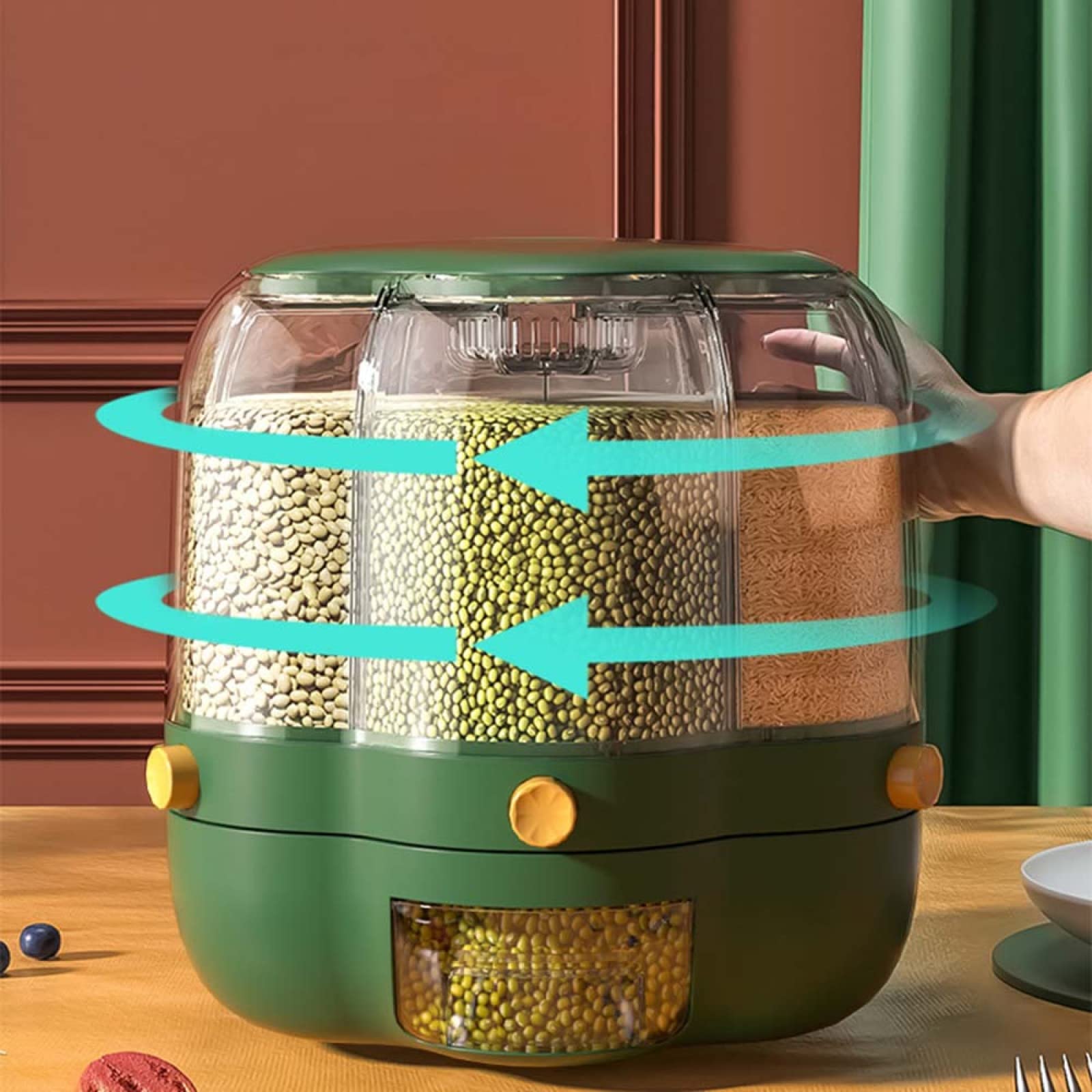 Dispenser per cereali rotante a 6 griglie Dispenser per cereali rotante a 360 Dispenser per cereali sigillati Secchio separato Contenitore per alimenti secco rotondo per riso, Verde