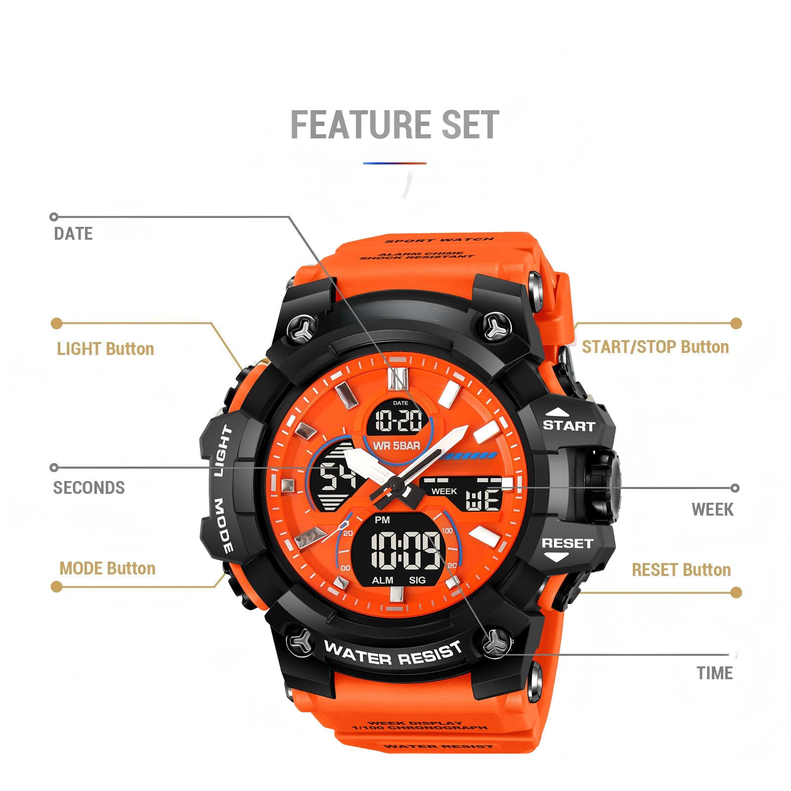 findtime Reloj militar para hombre, resistente al aire libre, analógico, deportivo, con alarma de doble hora, 12/24 horas, fecha, semana, cronómetro, color blanco
