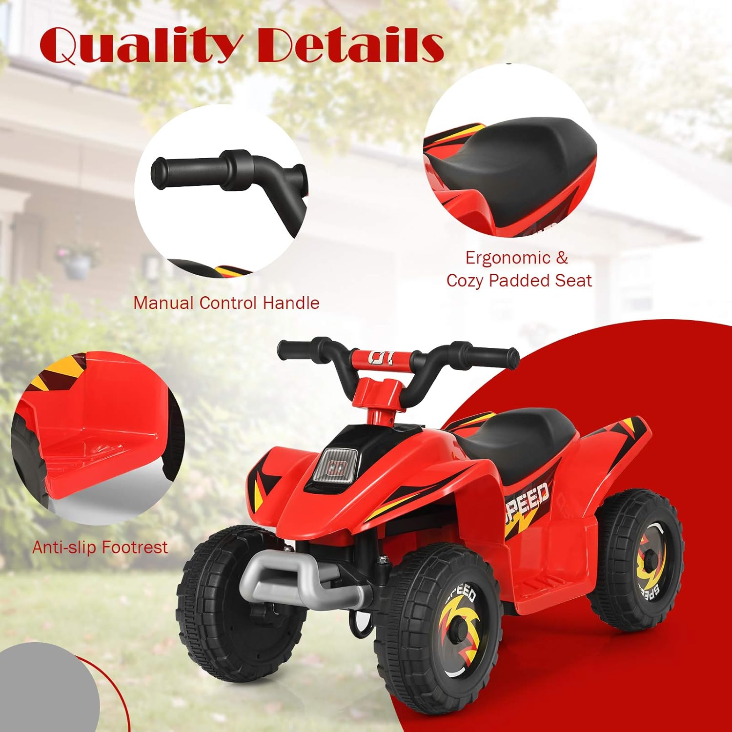 HONEY JOY Ride On ATV, 6V Mini Off-Road Battery Powered Motorized Quad for Kids, Anti-Slip Wheels, RWD 4-Wheeler Electric Ride On Toy Car for Toddlers (Red)