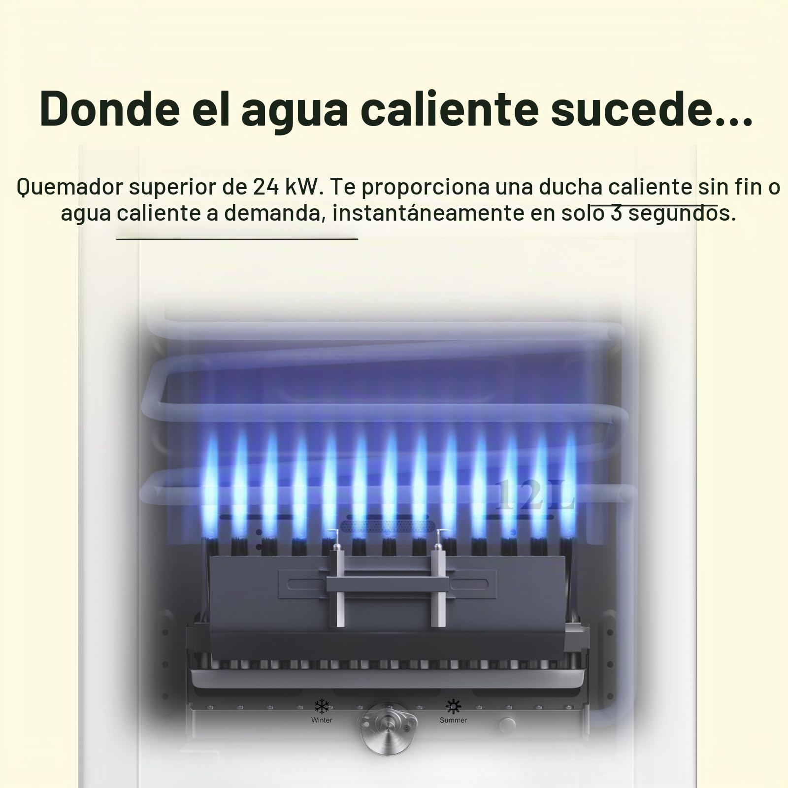 Xverycan Calentador de Agua Butano 12 LPM, 24 KW Termo de Gas GLP, Arranca con Solo 0,25 Bar de Baja Presión, Doble Encendido, Modo Estacional para Ahorrar Gas, para Hogar y Exterior