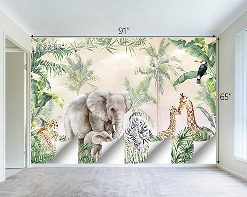 Miniatura 4 de Mural de pared con diseño de plantas tropicales de animales, habitación de niños, elefante, 91 x 65 pulgadas (no se puede despegar ni pegar)