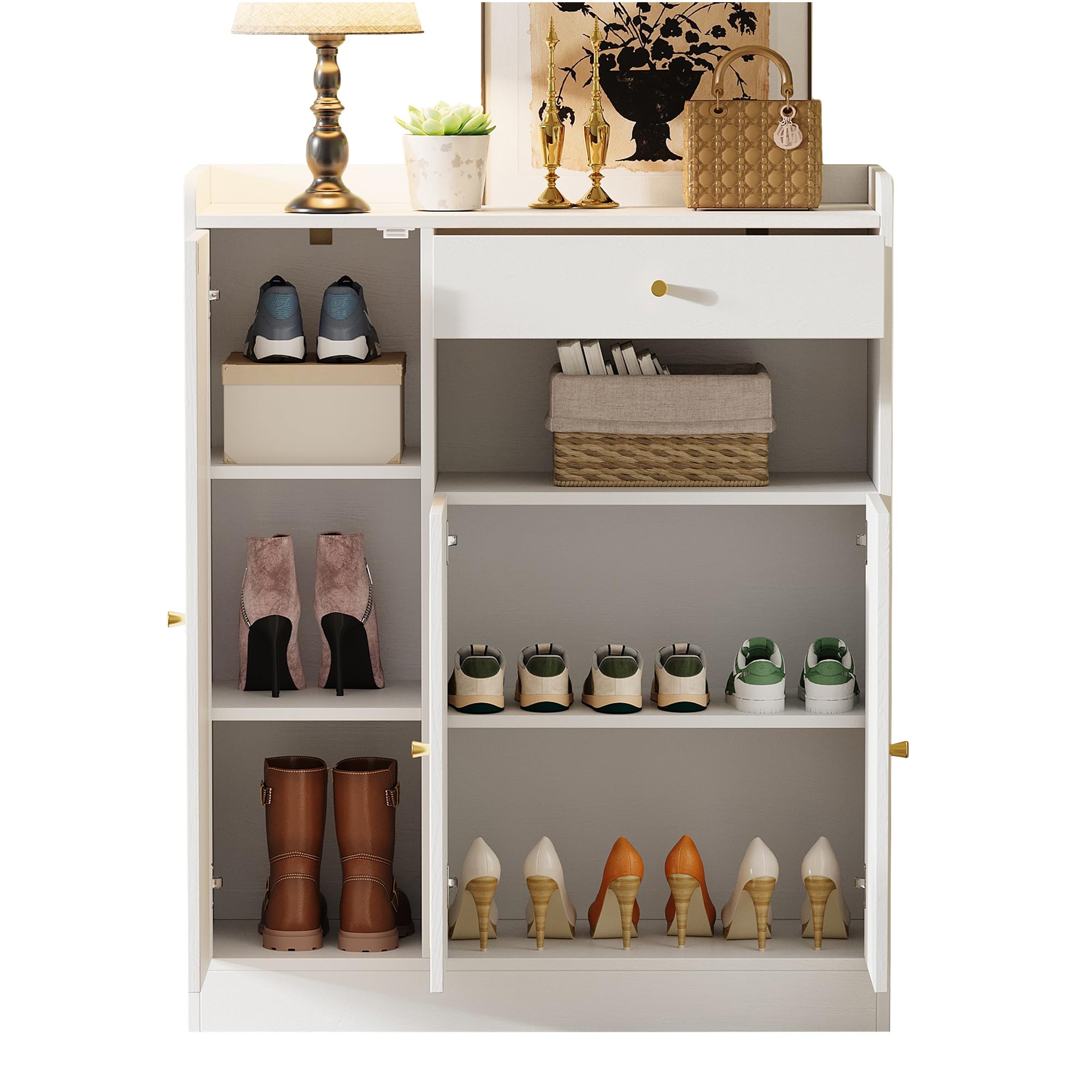 Zapatero (90 x 35 x 110 cm, con 3 puertas, cajón, aspecto de ratán), color blanco natural | Zapatero de color natural con 3 puertas, cajón, estantes ajustables, sistema antivuelco y efecto ratán.