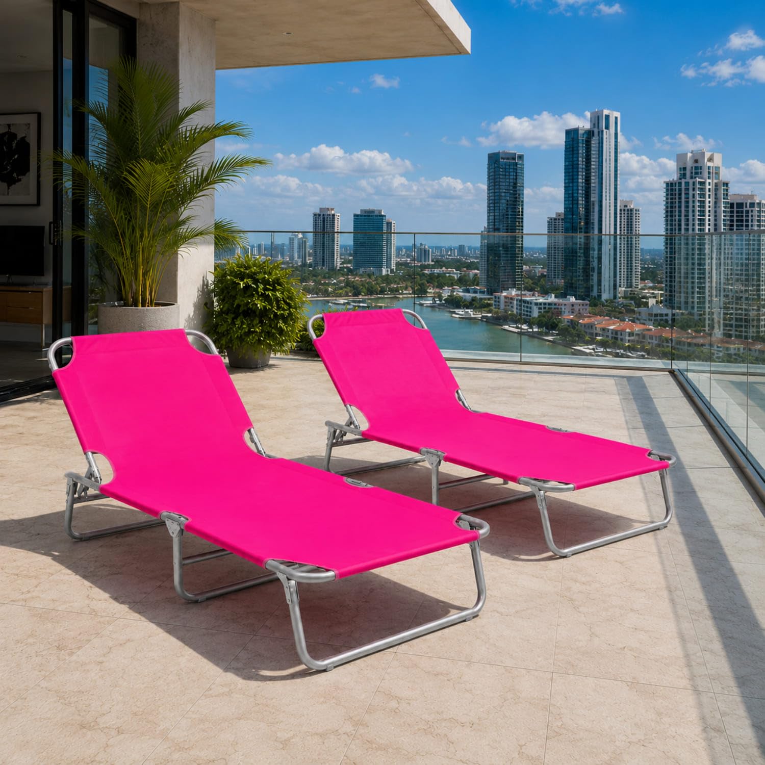 Set Di Lettini Pieghevoli Prendisole Senza Tettuccio Parasole Schienale Reclinabile Regolabile Struttura In Metallo Per Spiaggia Mare Giardino Piscina Rosa