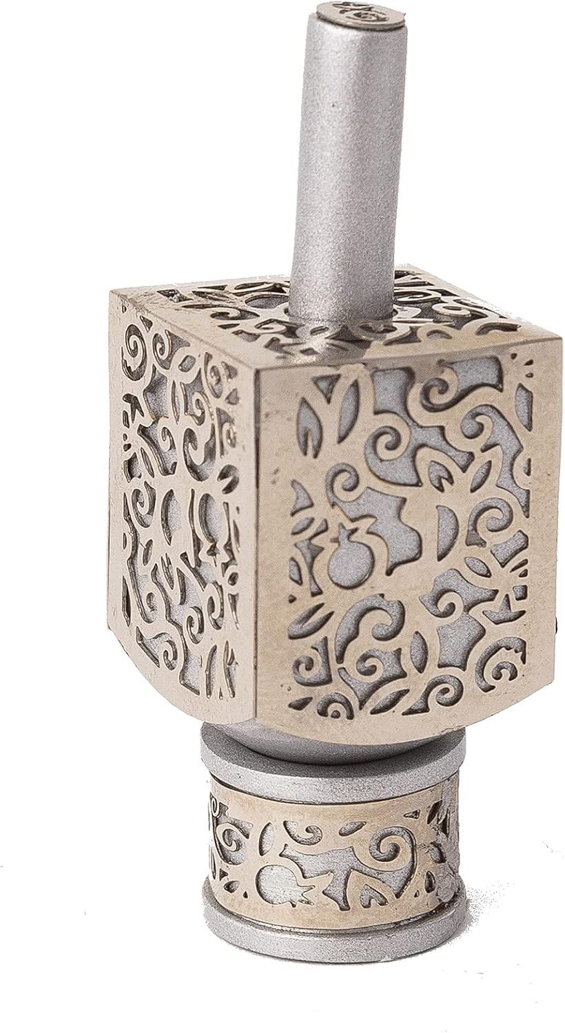 Yair Emanuel Decorative Dreidel with Stand | Pomegranates Cutout Design | Hanukkah Gift Jewish Decorations (Silver, Small)