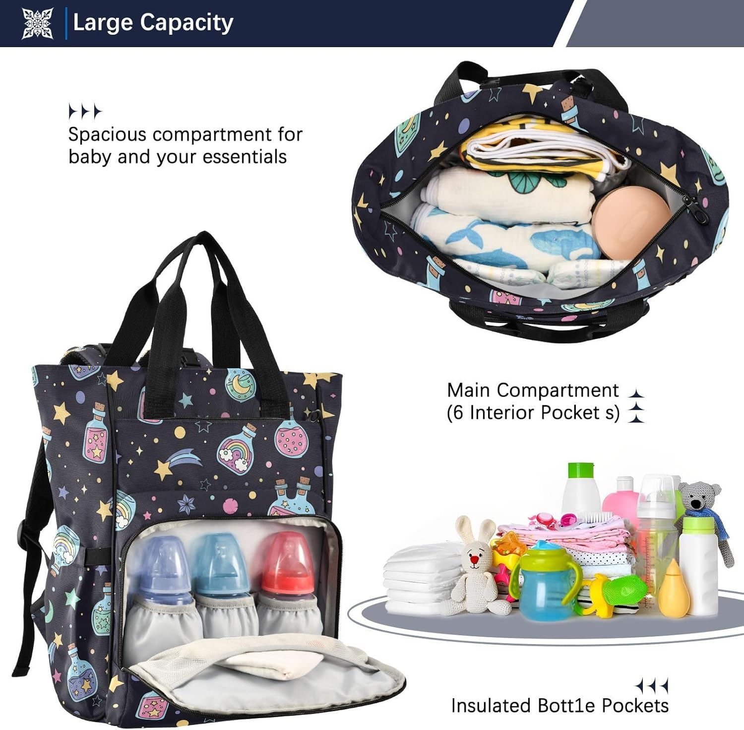 Stars Bottle Black Print Diaper Bag Backpack for Baby Boys Girls Multifunction Baby Essentials Travel Tote with Stroller Straps & Bottle Storage Nappy Changing Bag for Moms Dads Baby Shower Gifts
