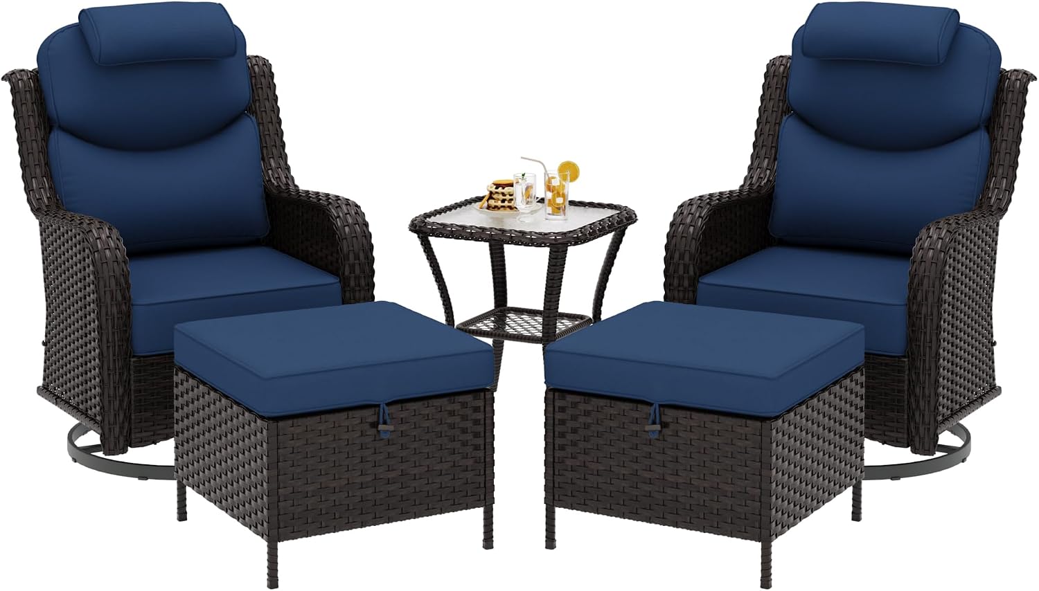 Patio Wicker Ottomans with Removable and Washable Covers, PE Rattan Outdoor Footstools for Porch, Sunroom (Beige)