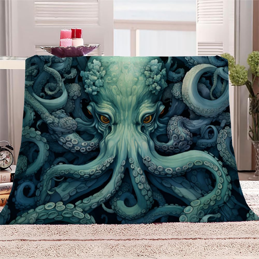 Octopus Throw Blanket, Sealife Fleece Blanket for Couch Bed Sofa, Ocean Animal Blankets and Throws, Black Green Super Soft Cozy Plush Flannel Blanket 50x70, Decor & Gift