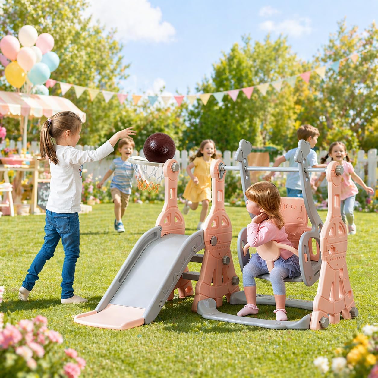 Kids Slide 4 in 1 with Swing Baby Slide Playground for Babies Indoor and Outdoor with Swings Slide Stairs and Basketball Hoop Multifunctional Slide Pink A