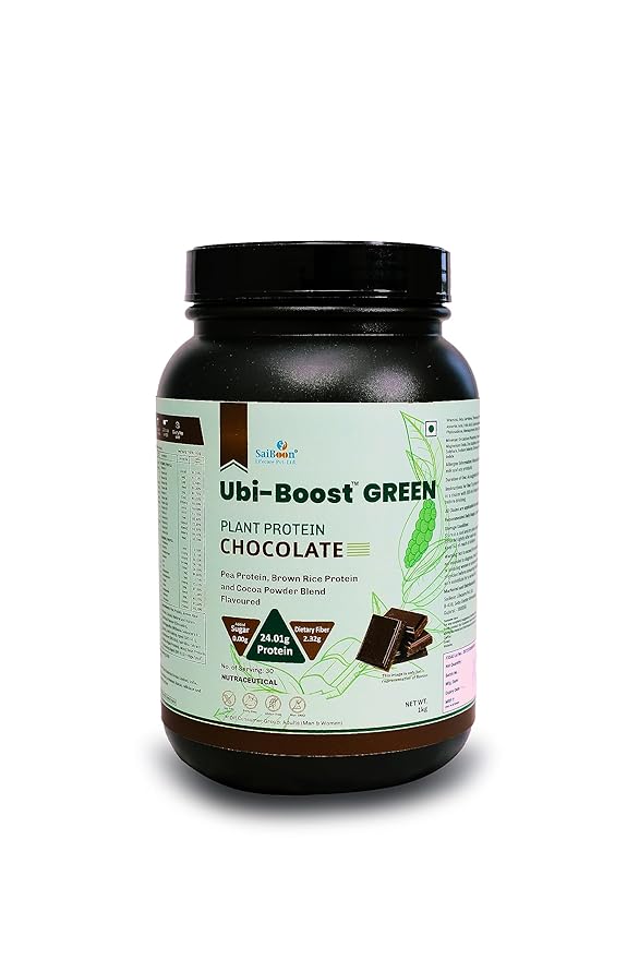 UBI-BOOST GREEN Plant Protein Chocolate with No Added Sugar, 24 GMS Protein (Pea Protein, Brown Rice Protein and Cocoa Powder Blend Falvoured) (1 KG)