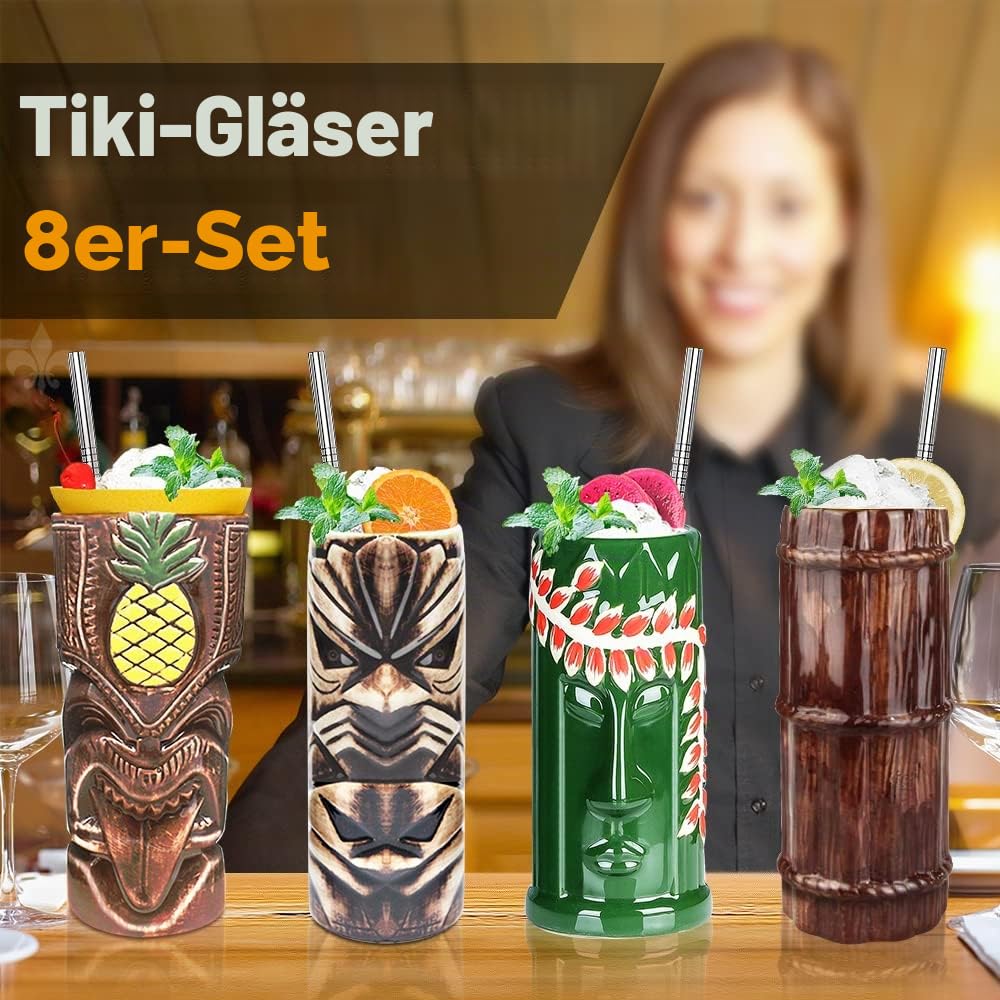 Tiki Becher Cocktail-Set von 8 – Becher, Keramik, hawaiianische Luau-Party-Tassen, Drinkware, niedliche, exotische Cocktailgläser, Tiki-Bar, professionelle Hawaii-Party-Barware,